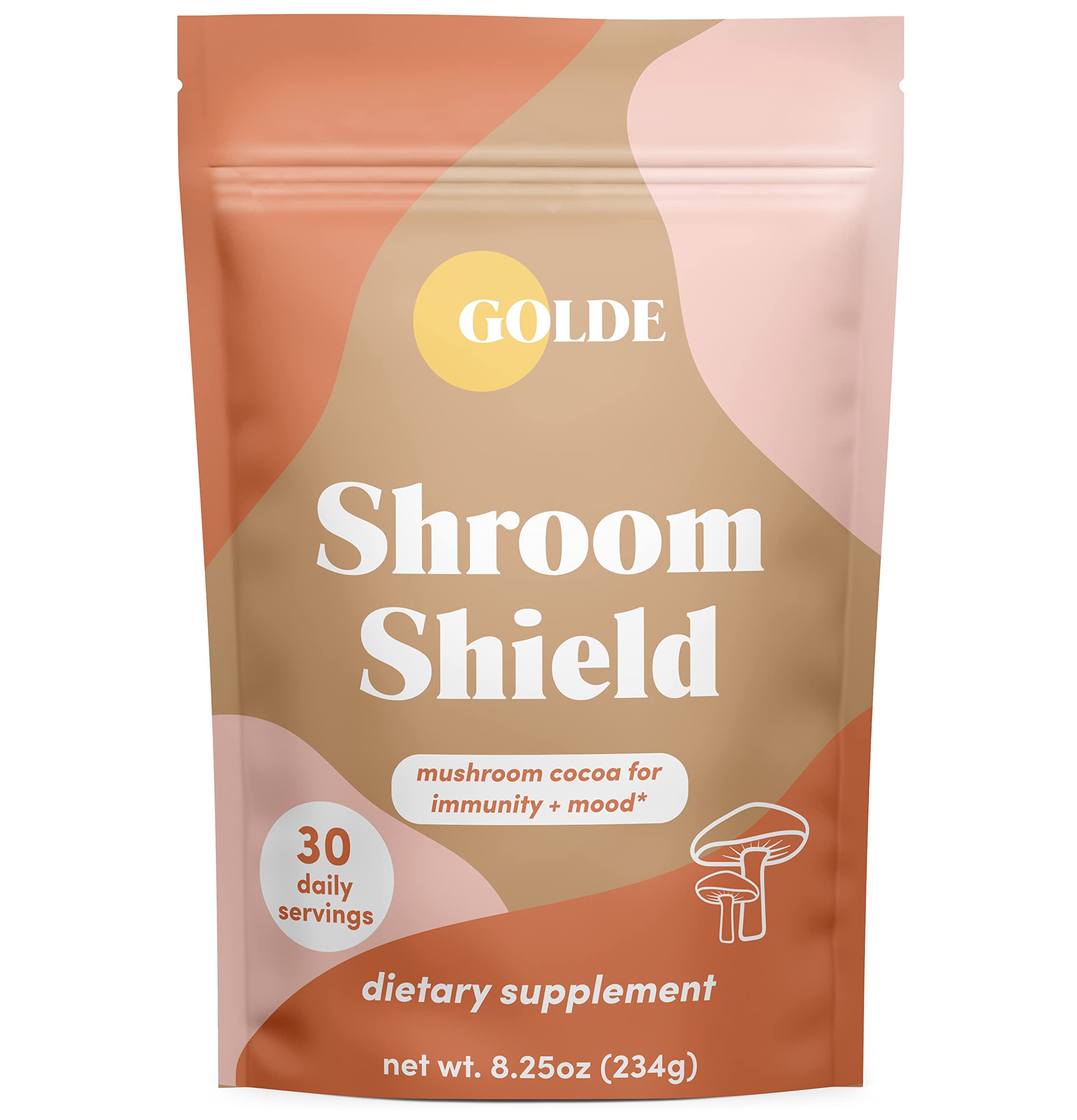 GOLDE Shroom Shield - Plant Based Superfood Blend w/Turkey Tail Mushroom & Reishi Mushroom Extract - Stress Defense - Antioxidants & Prebiotics - Vegan, Keto, & Sugar-Free Hot Cocoa - 30 Servings GOLDEAu supplements