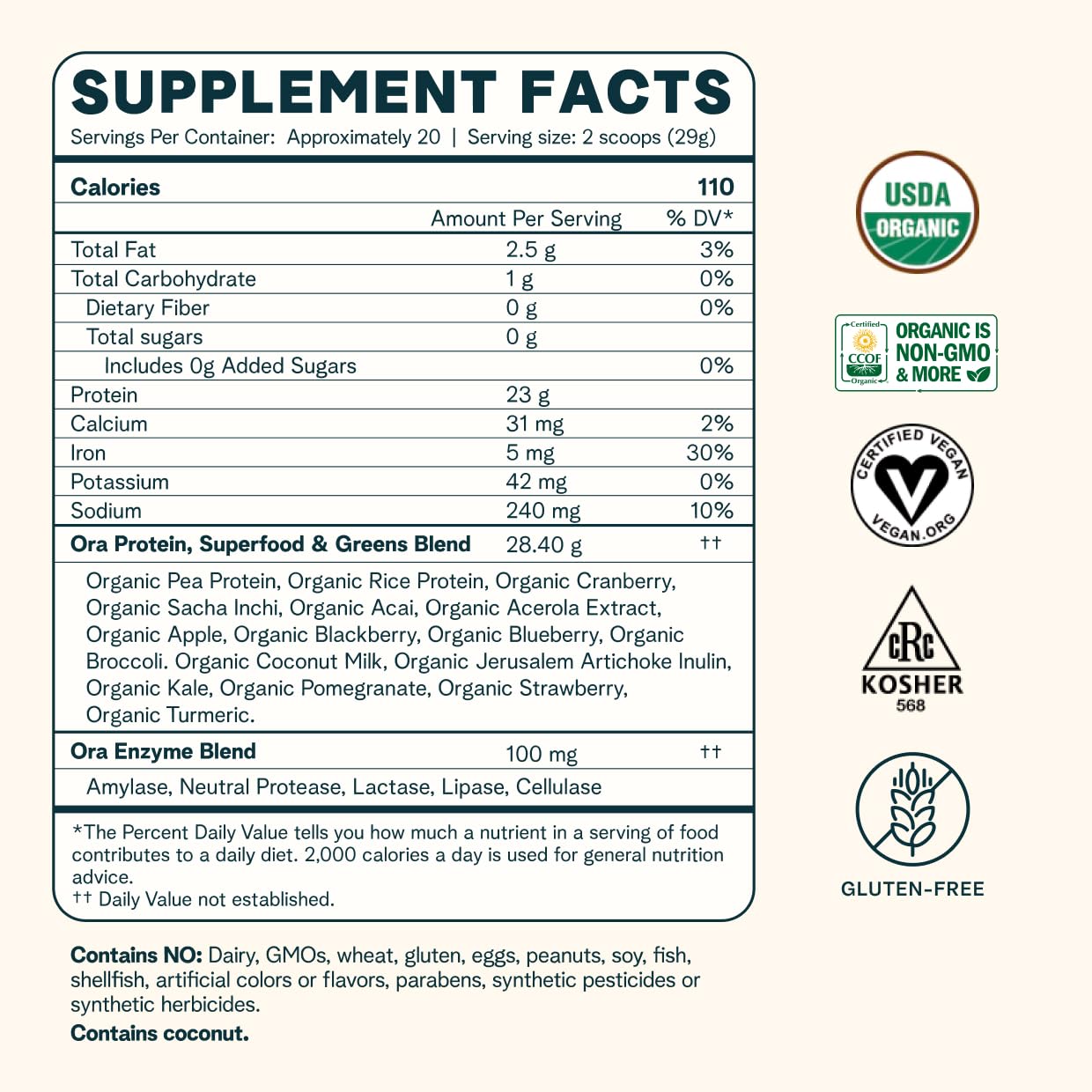 Ora Organic Vegan Protein Powder - 23g Plant Based Pea Protein Unflavored Ora OrganicUS supplements