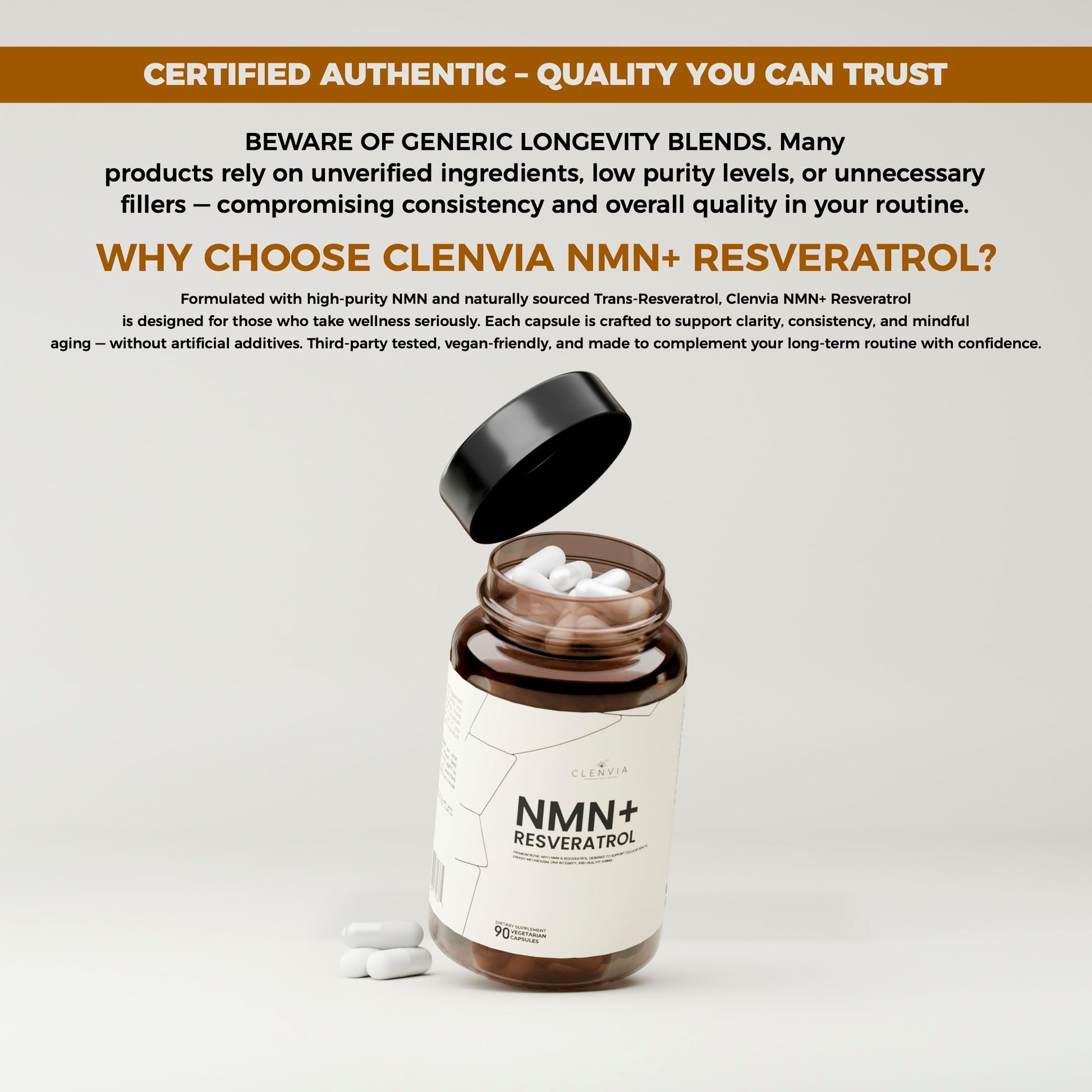 CLENVIA Premium NMN Supplement with Resveratrol – High Potency NAD+ Support Formula – >99.7% Purity – Third-Party Tested – Made in USA – 500mg Nicotinamide + 100mg Resveratrol – 90 Capsules CLENVIAAu supplements