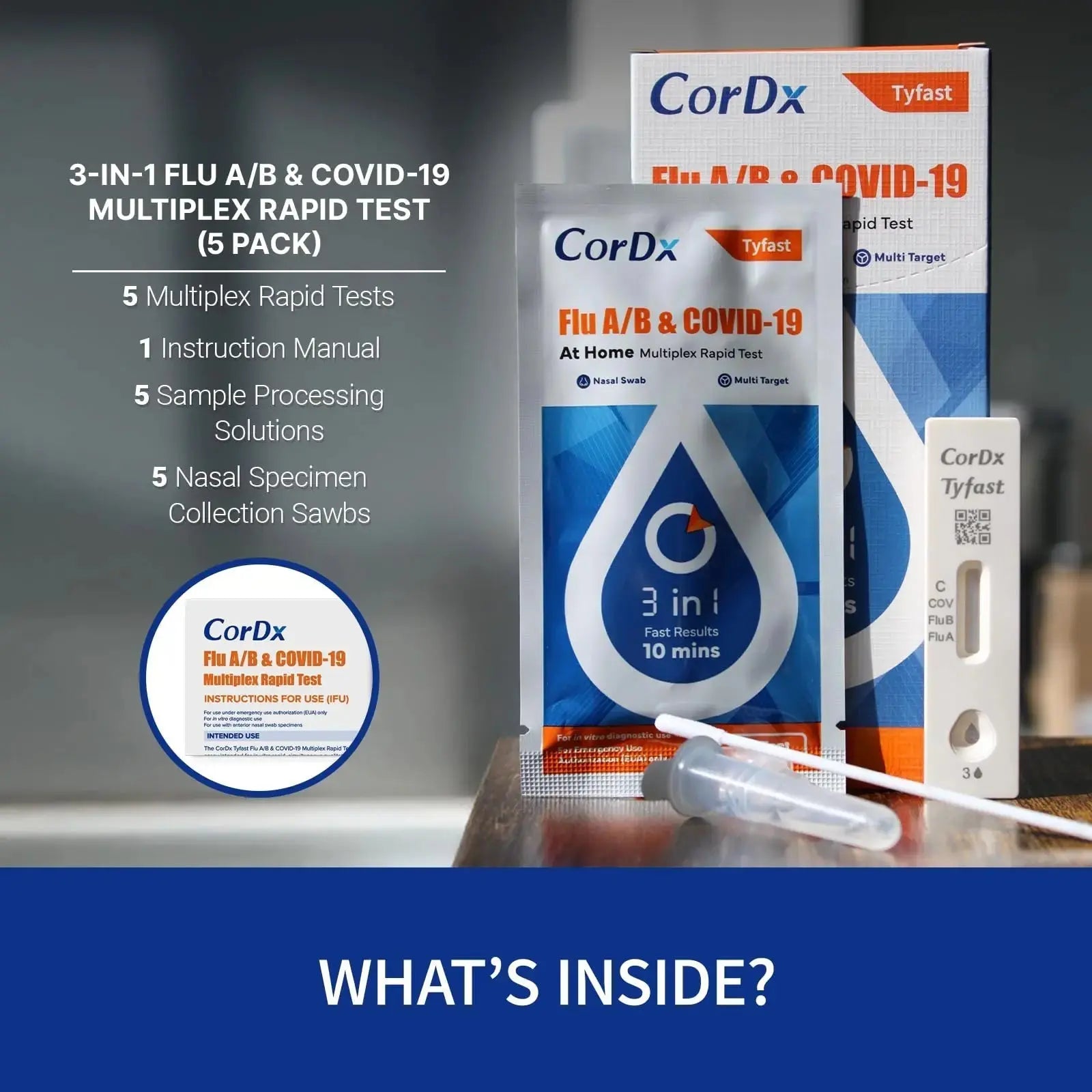 CorDx TyFast at Home Flu A/B & COVID-19 Multiplex Rapid Test Kit, Easy, Accurate, Fast Results in 10 Minutes, 3 in 1 Combo Kit, 5 Tests CorDxAu supplements