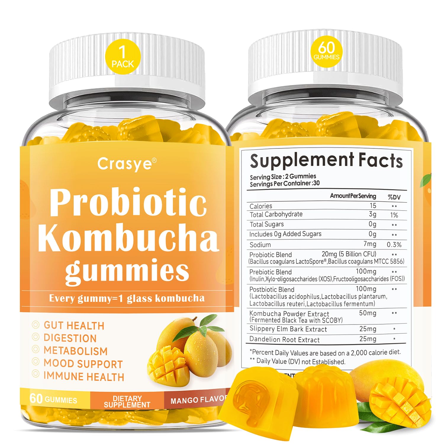 Crasye Probiotic Kombucha Gummies Sugar Free Prebiotic Postbiotic Probiotics Gummies with Slippery Elm for Women and Men Bloating Gut Health Immune and Digestive Support - 60 Gummies - 30 Servings CrasyeAu supplements