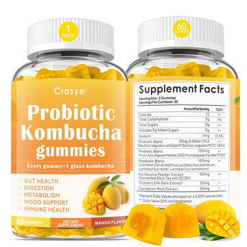 Crasye Probiotic Kombucha Gummies Sugar Free Prebiotic Postbiotic Probiotics Gummies with Slippery Elm for Women and Men Bloating Gut Health Immune and Digestive Support - 60 Gummies - 30 Servings CrasyeAu supplements