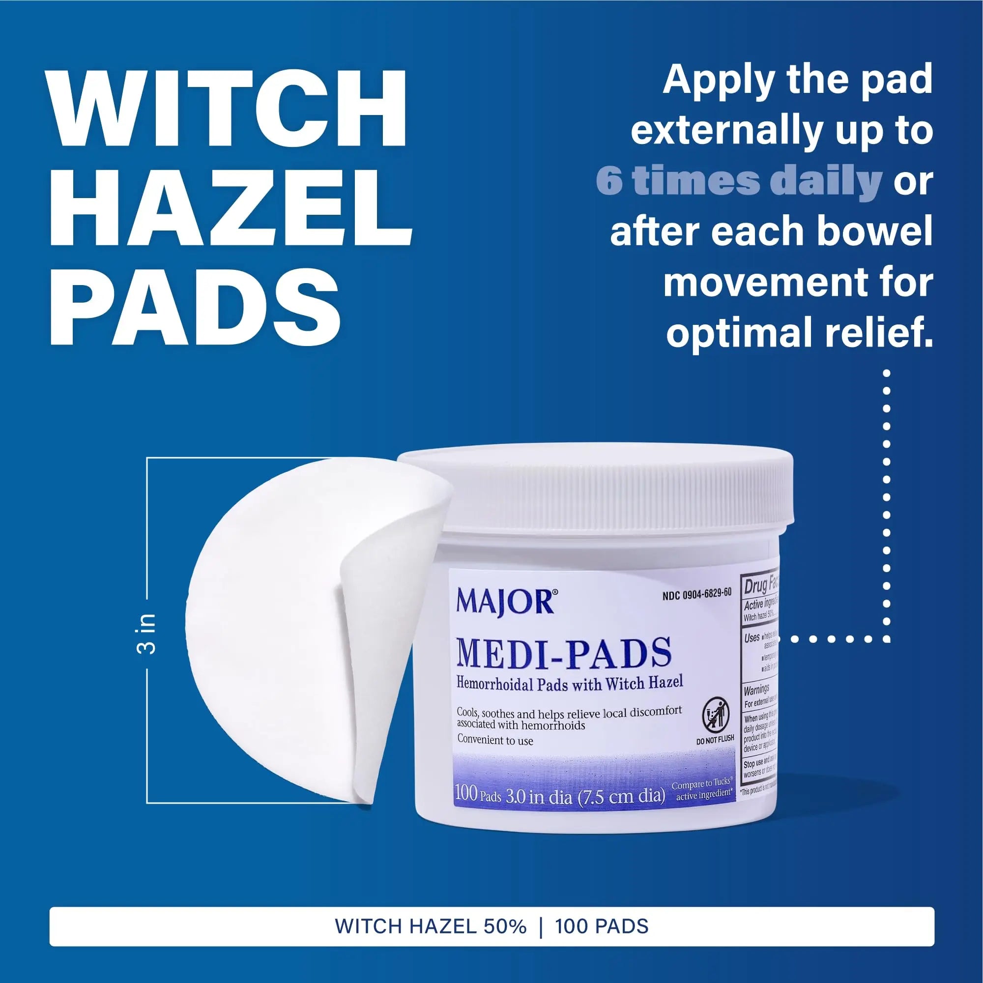 MAJOR Medi-Pads - Hemorrhoidal Hygienic Cleansing Witch Hazel Pads - Cooling Relief with Aloe - 100 Count Jar (3 Pack) MAJORAu supplements