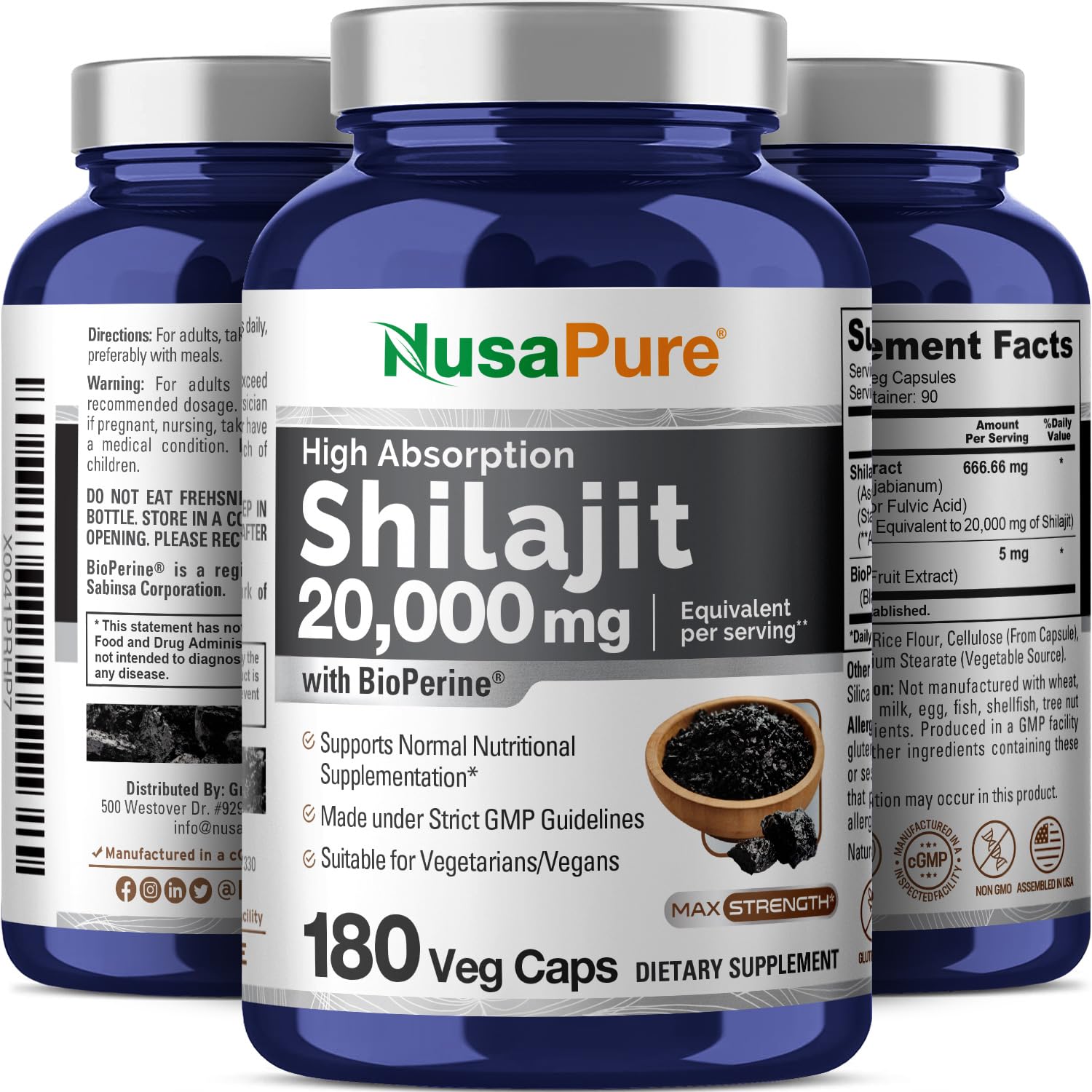 NusaPure Shilajit 20,000mg per Serving, 180 Veggie Caps, Non-GMO, Gluten Free, Bioperine NusaPureAu supplements