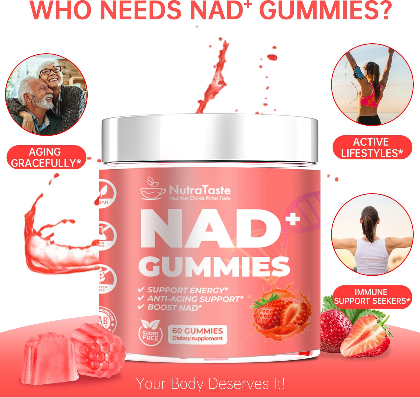 NUTRATASTE HEALTHIER CHOICE RICHER TASTE NAD⁺ Gummies Supplement for Anti-Aging, Energy & Focus Boost | Resveratrol, Nicotinamide Riboside | Strawberry Flavor, Vegan, Sugar-Free,60 Count (Pack of 1) NUTRATASTE HEALTHIER CHOICE RICHER TASTEAu supplements