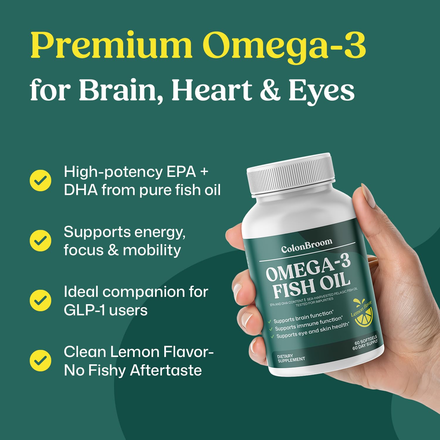 ColonBroom Omega 3 Fish Oil 2640 mg Softgels | Lemon Flavor | Daily Fish Oil Omega-3 Supplement for Women & Men with EPA & DHA | Gluten-Free, Non-GMO, Natural (60 Softgels, 2 Month Supply) ColonBroomAu supplements