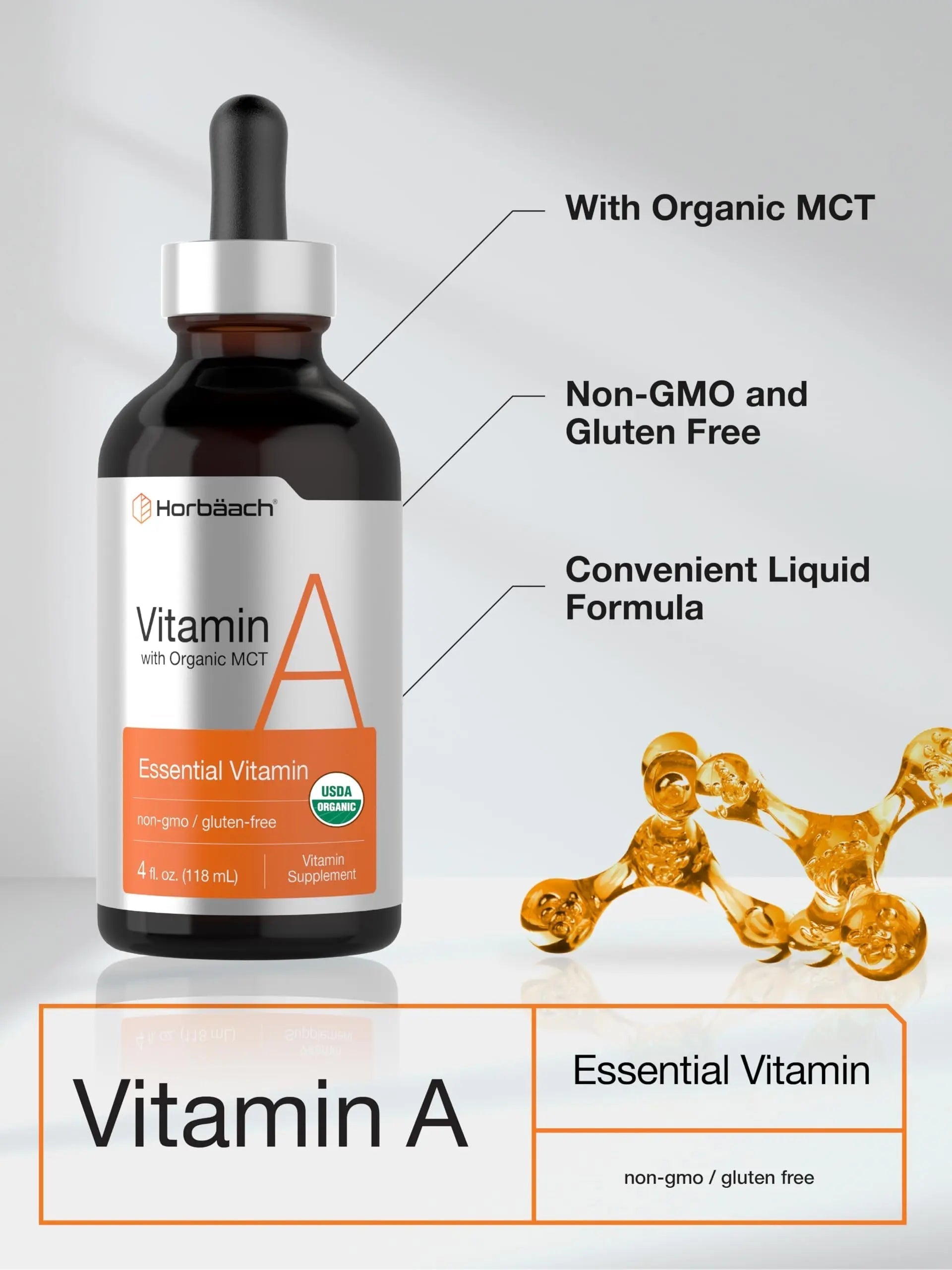 Horbäach Vitamin A Liquid | 4 fl oz | Supplement with Organic Fractionated Coconut Oil | Non-GMO, Gluten Free HorbäachAu supplements