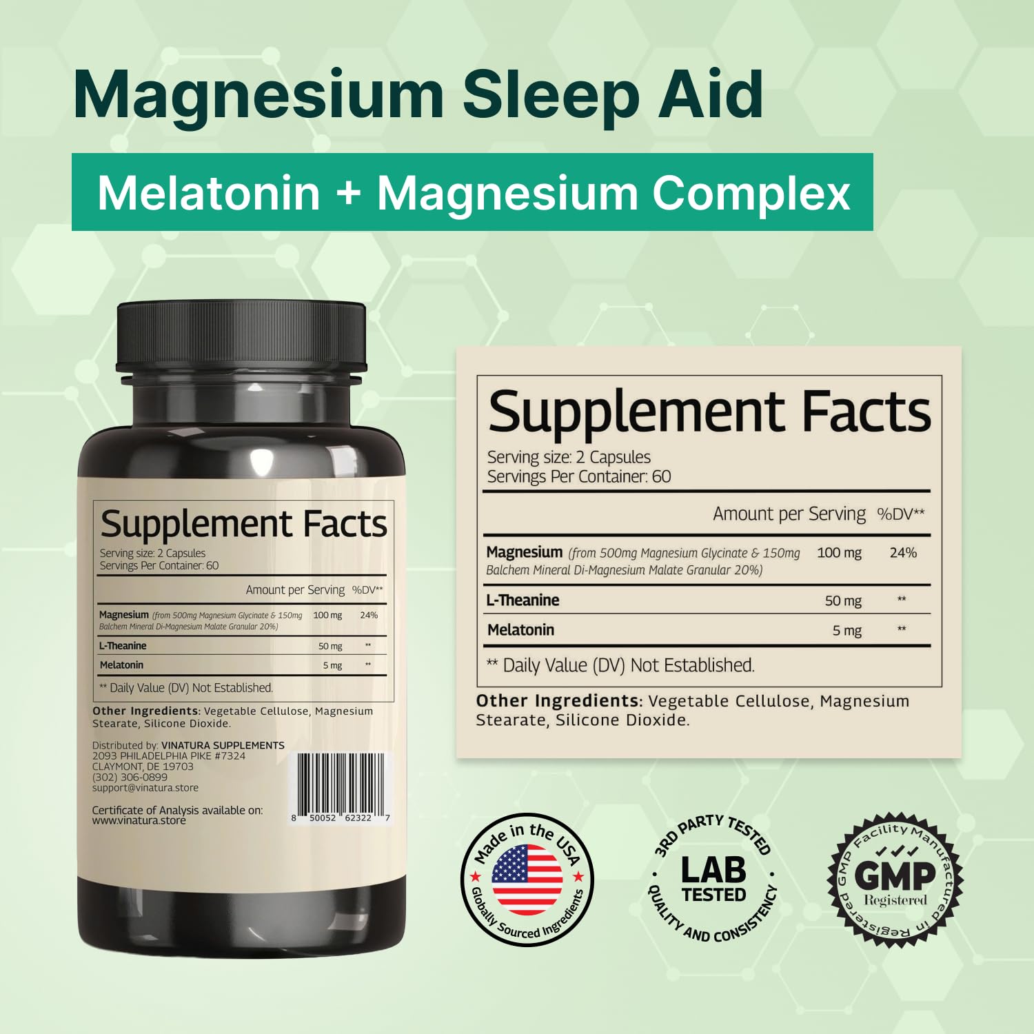 Magnesium Sleep Aid - Magnesium Glycinate Complex for Sleep with Melatonin Supplement - Glycinate 500mg, L-Theanine - 120 Capsules VINATURAAu supplements