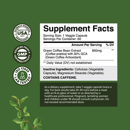Pure Green Coffee Bean Extract - Super Energizing Green Coffee Extract with 50% Chlorogenic Natures CraftUS supplements