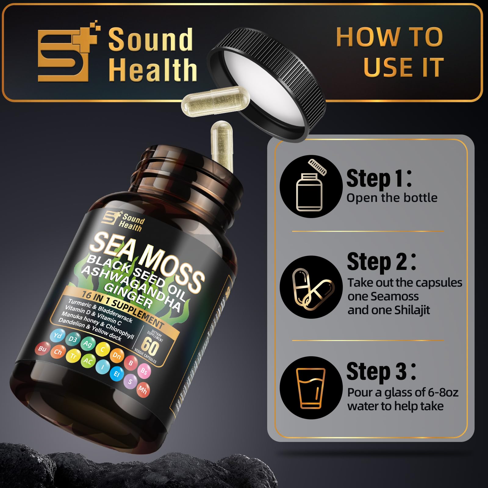 Sea Moss Capsules with Ashwagandha, Turmeric, Bladderwrack, Vitamins C & D for Natural Energy, Sleep Support & Hair Growth, 1200mg Herbal Blend, for Man & Women, Third-Party Tested，16-in-1 Supplement SoundHealthAu supplements