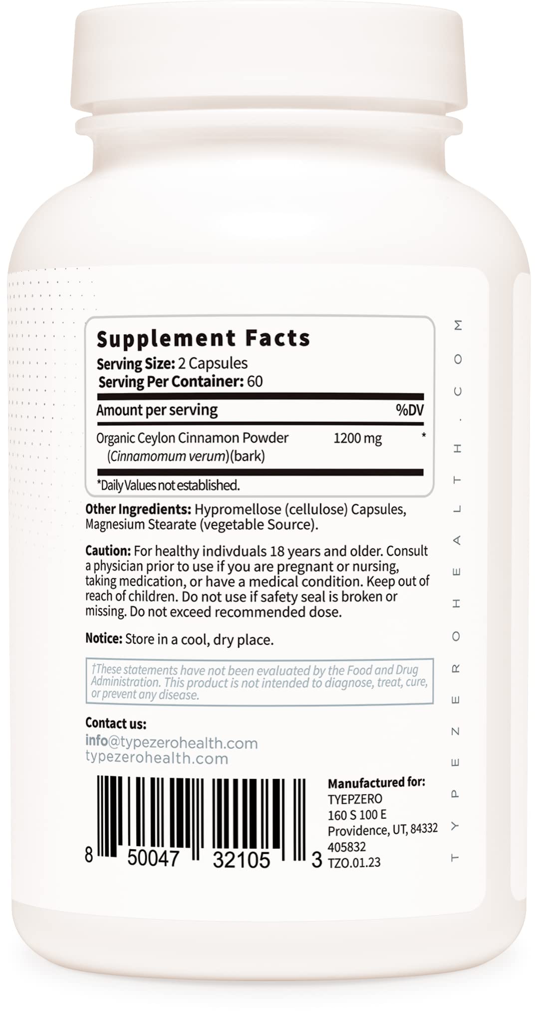 Type Zero Ceylon Cinnamon Capsules (1200mg | 120 Capsules) - Natural, Non-GMO, Gluten Free, Organic Cinnamon Bark Supplement Type ZeroUS supplements