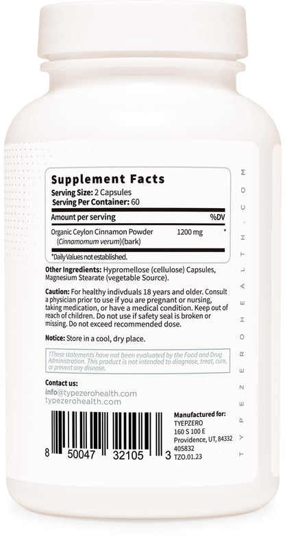 Type Zero Ceylon Cinnamon Capsules (1200mg | 120 Capsules) - Natural, Non-GMO, Gluten Free, Organic Cinnamon Bark Supplement Type ZeroUS supplements