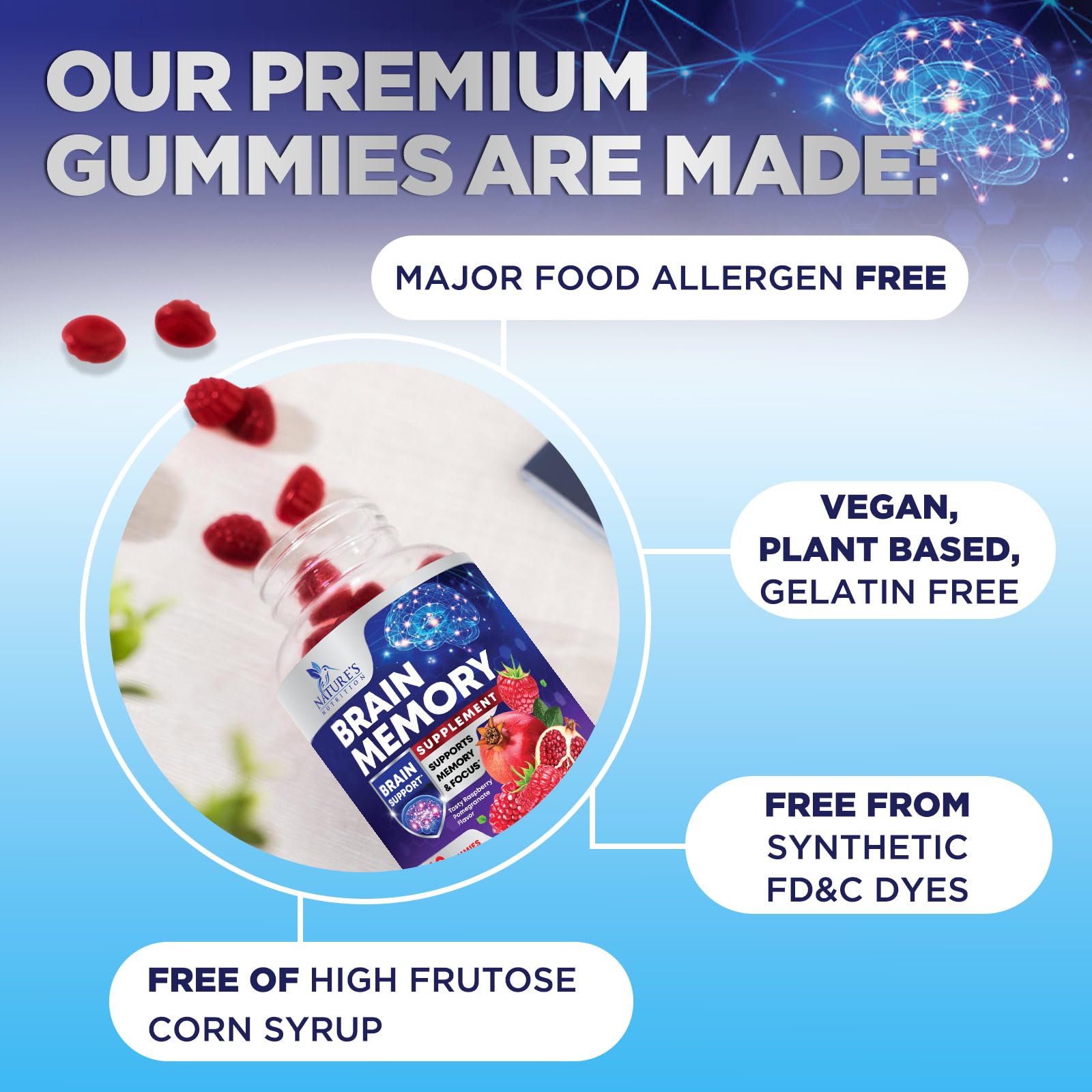 Brain Supplements for Memory & Focus Gummies - Brain Health Clarity with B6 B12 & Phosphatidylserine - Natural Nootropics Cognitive Concentration & Alertness Support Vitamins - 60 Vegan Gummies Nature's NutritionAu supplements
