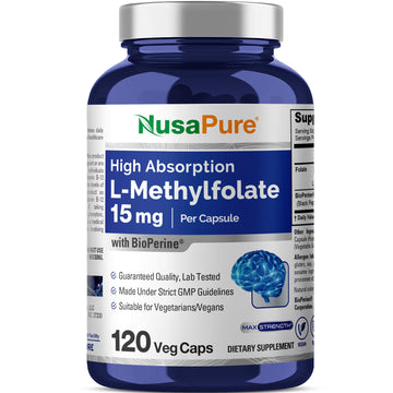 NusaPure L Methylfolate 15mg, 120 Veggie Capsules, Bioperine & Vegan NusaPureAu supplements