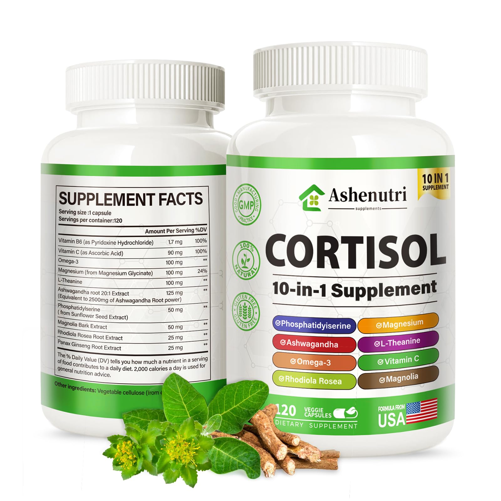 Ashenutri 10-in-1 Cortisol Supplement with Magnesium,Ashwagandha,Rhodiola Rosea,L Theanine,Hormone Balance for Women 120 Vegan Capsules AshenutriAu supplements