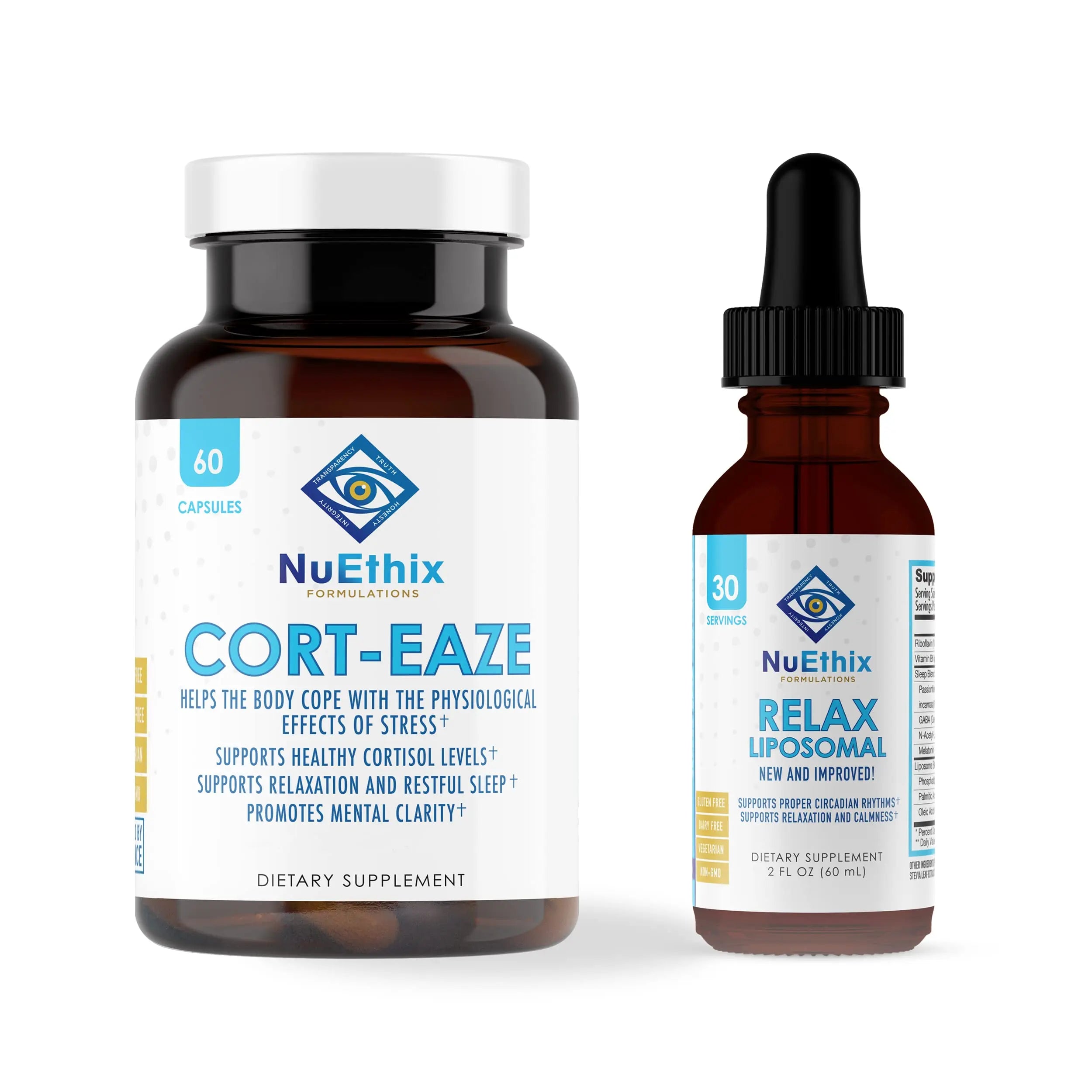 NuEthix Formulations Relaxation Supplement Bundle: Cort-Eaze Cortisol-Control Supplement, 60 Capsules, 30 Servings and Relax Liposomal, 2 Fluid Ounces, 30 Servings NuEthix Formulationsnz supplements
