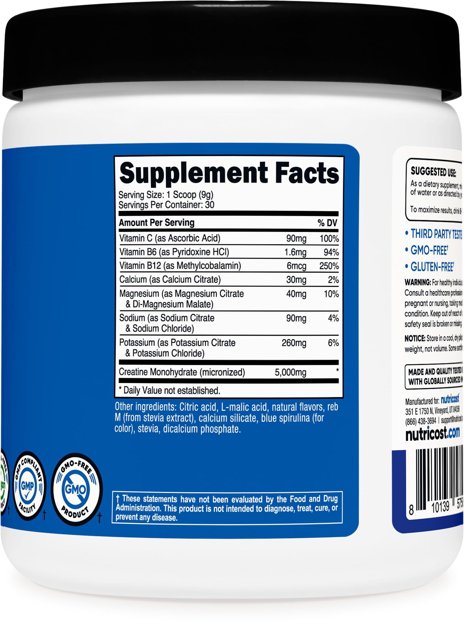 Nutricost Creatine Monohydrate + Hydration Blue Raspberry Flavored (30 Servings) - 7 Vitamins & Minerals, 5000mg of Creatine Per Serving NutricostAu supplements