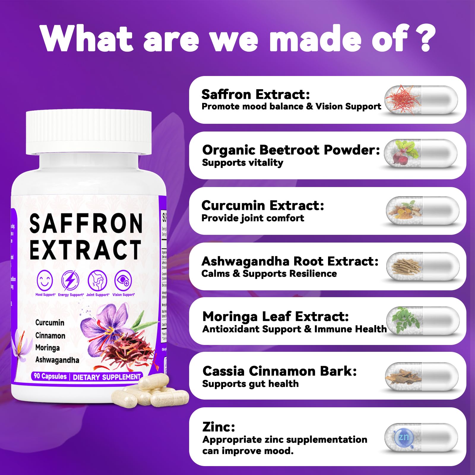 Happy Saffron Supplements, 100mg Saffron Extract, Saffron Blend with Turmeric & Ashwagandha, Supports Mood, Focus, and Energy Boost, 90 Capsules MossllyAu supplements