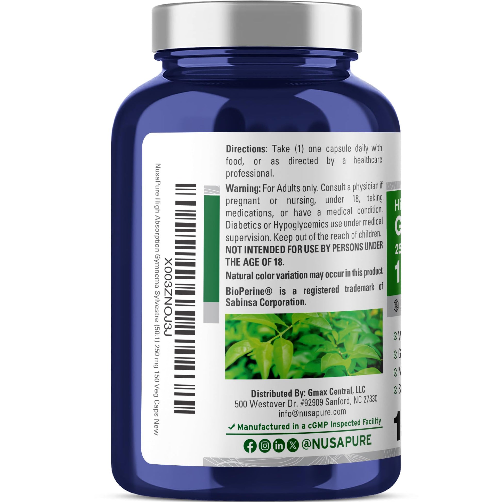NusaPure Gymnema Sylvestre 50:1 Extract, 250 mg Equivalent to 12,500mg Per Vegan Caps - 150 Count (Non-GMO, Vegan, Bioperine) NusaPureAu supplements