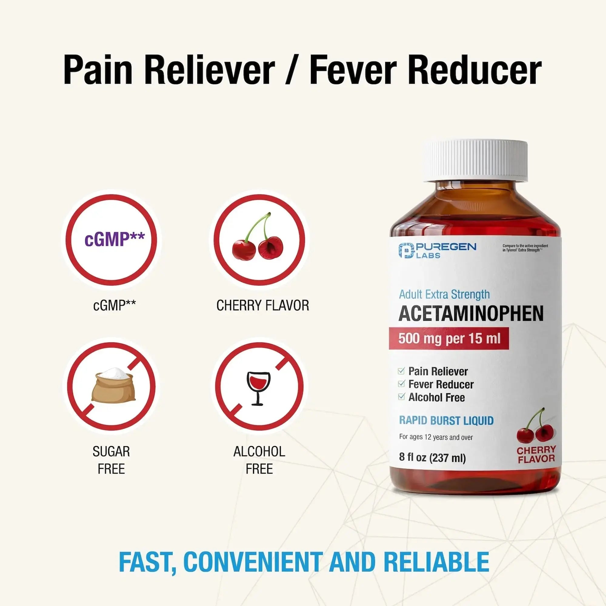 Puregen Labs Adult Extra Strength Acetaminophen Liquid 500mg/15ml - 8 fl oz Rapid Burst Pain Reliever/Fever Reducer, Cherry Flavor | Muscle & Joint Pain Relief | Arthritis Pain Relief P Puregen LabsAu supplements
