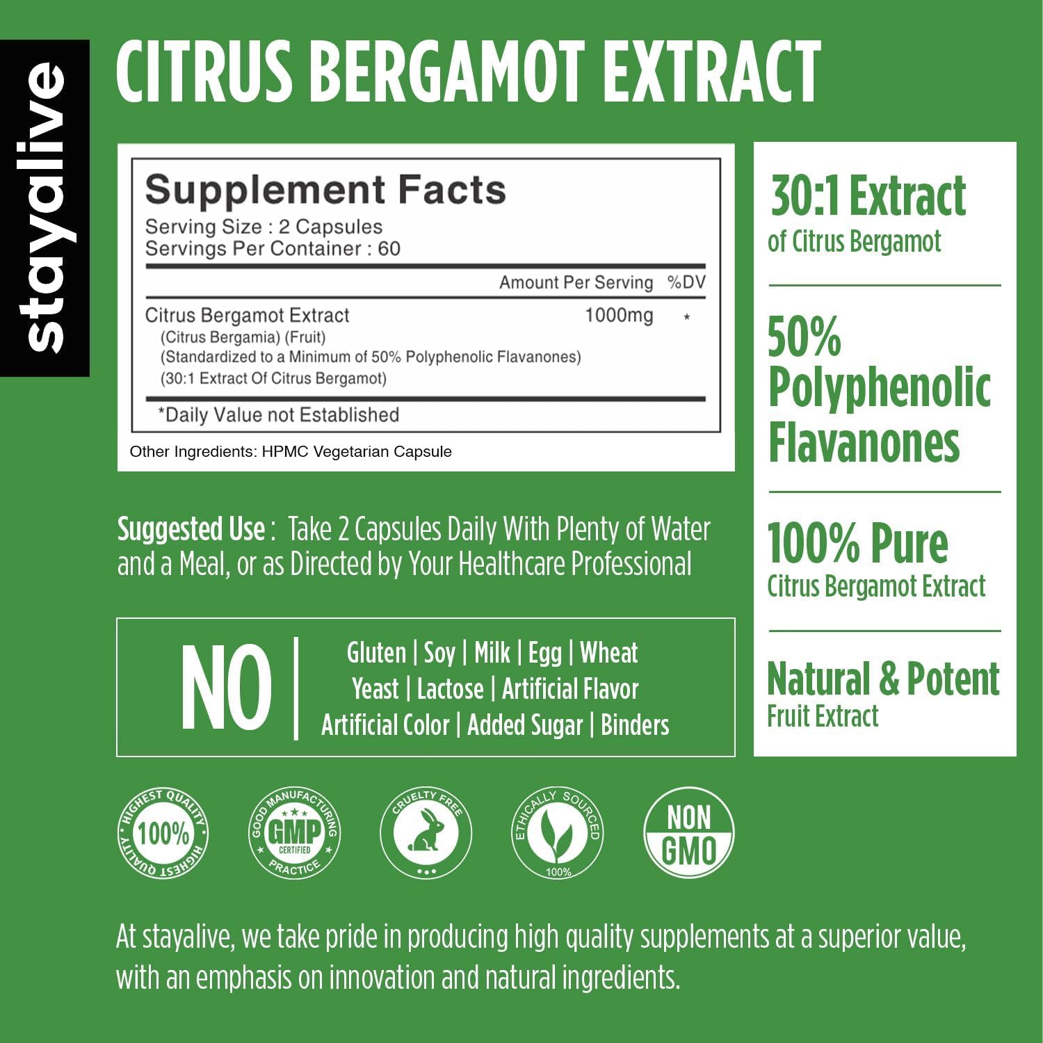 STAY ALIVE Citrus Bergamot Capsules 1000mg, 30:1 Super Extract with 50% Polyphenolic Flavanones, 120 Pills, Citrus Bioflavonoids Supplements for Women & Men | Non-GMO, Gluten-Free STAY ALIVEAu supplements