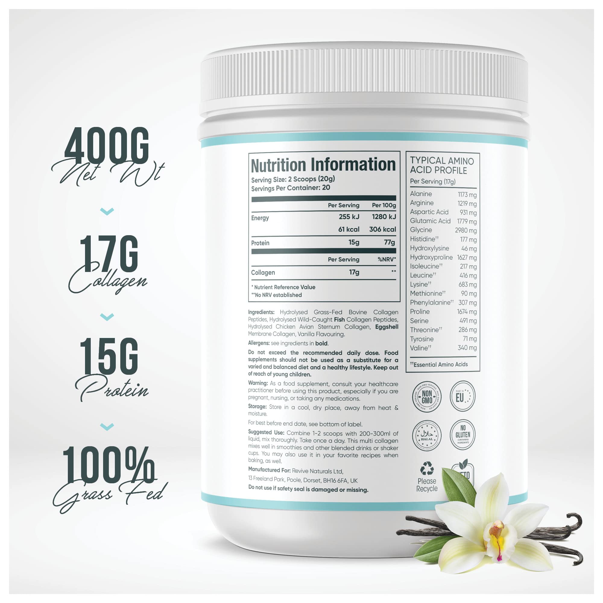 Vanilla Multi Collagen Protein Powder - 400g - Unsweetened - 5 Types of Collagen Peptides Revive NaturalsAu supplements
