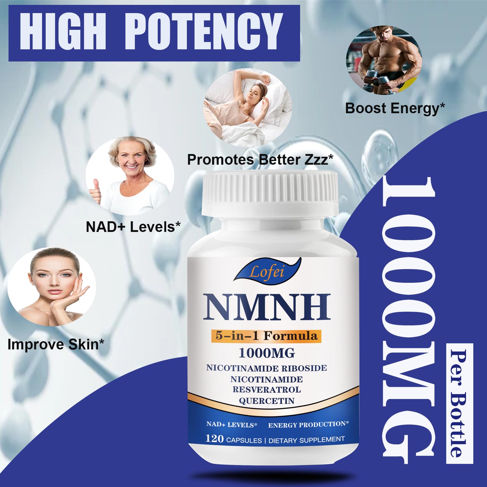 NMNH (Dihydronicotinamide Mononucleotide),NMNH Supplement 1000mg Pure Nicotinamide Mononucleotide Boosts NAD+ Levels, NAD Supplement,for Energy,Immune,Non-GMO, Gluten Free,120 Capsules LofeiAu supplements