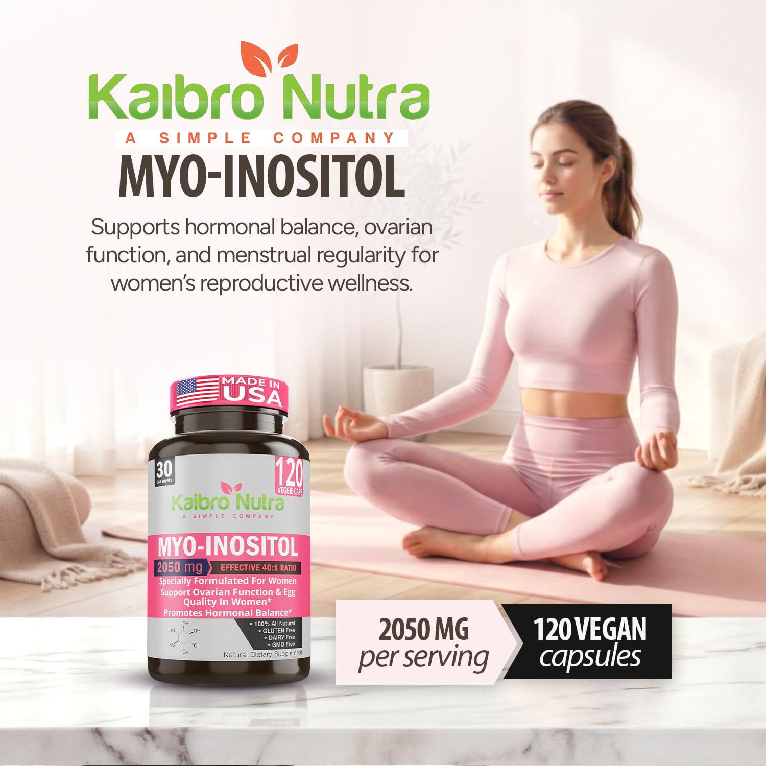 Kaibro Nutra Myo-Inositol Supplement, Myo-Inositol & D-Chiro Inositol 40:1 Ratio, Hormone Balance & Ovarian Support for Women with Vitamin B8, 2050mg, Vegan, Non-GMO Capsules 120 Count Kaibro NutraAu supplements
