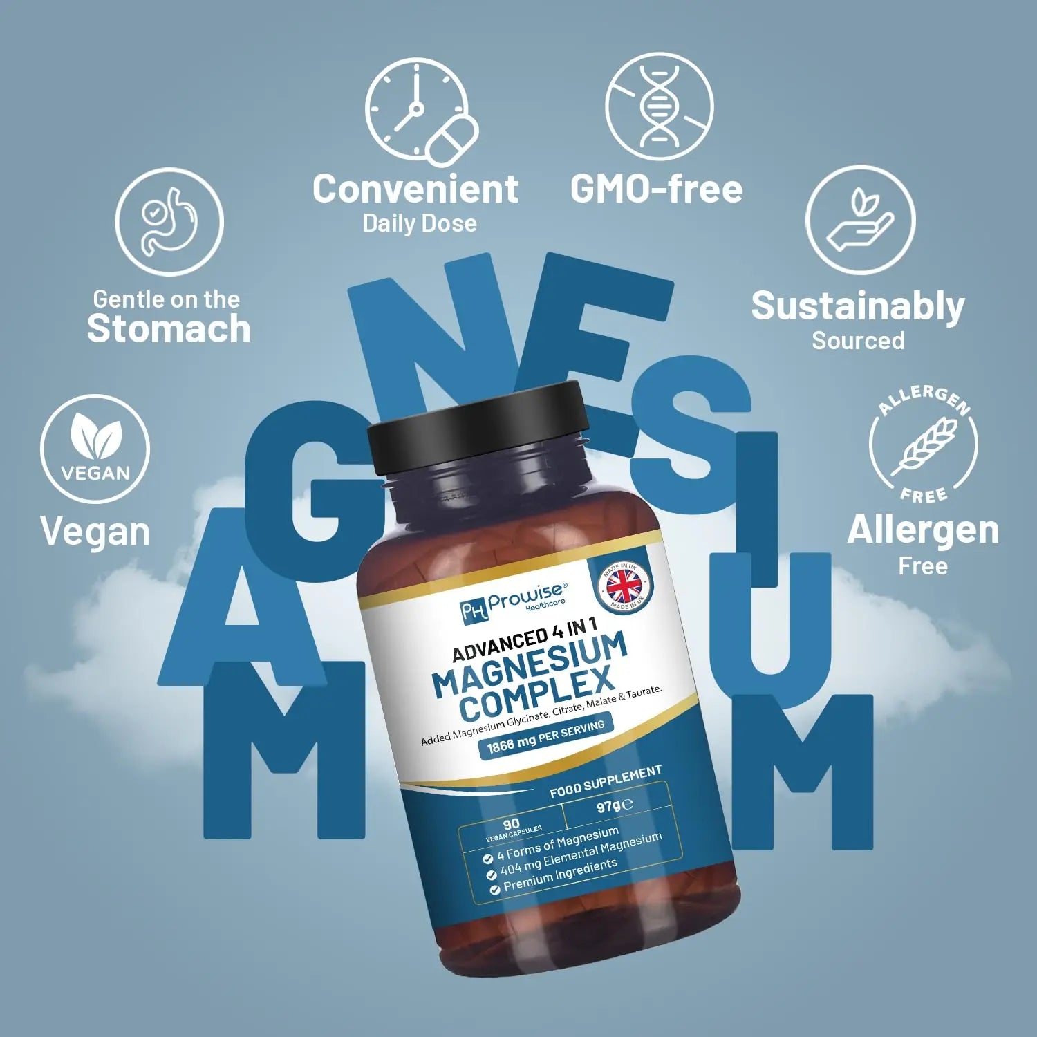 Magnesium Glycinate Complex 4 in 1-1866mg per Serving | Precise 404mg Elemental Magnesium dose | Added Magnesium Glycinate, Citrate, Malate & Taurate | 90 Vegan Capsules - by Prowise PH PROWISE Healthcarenz supplements