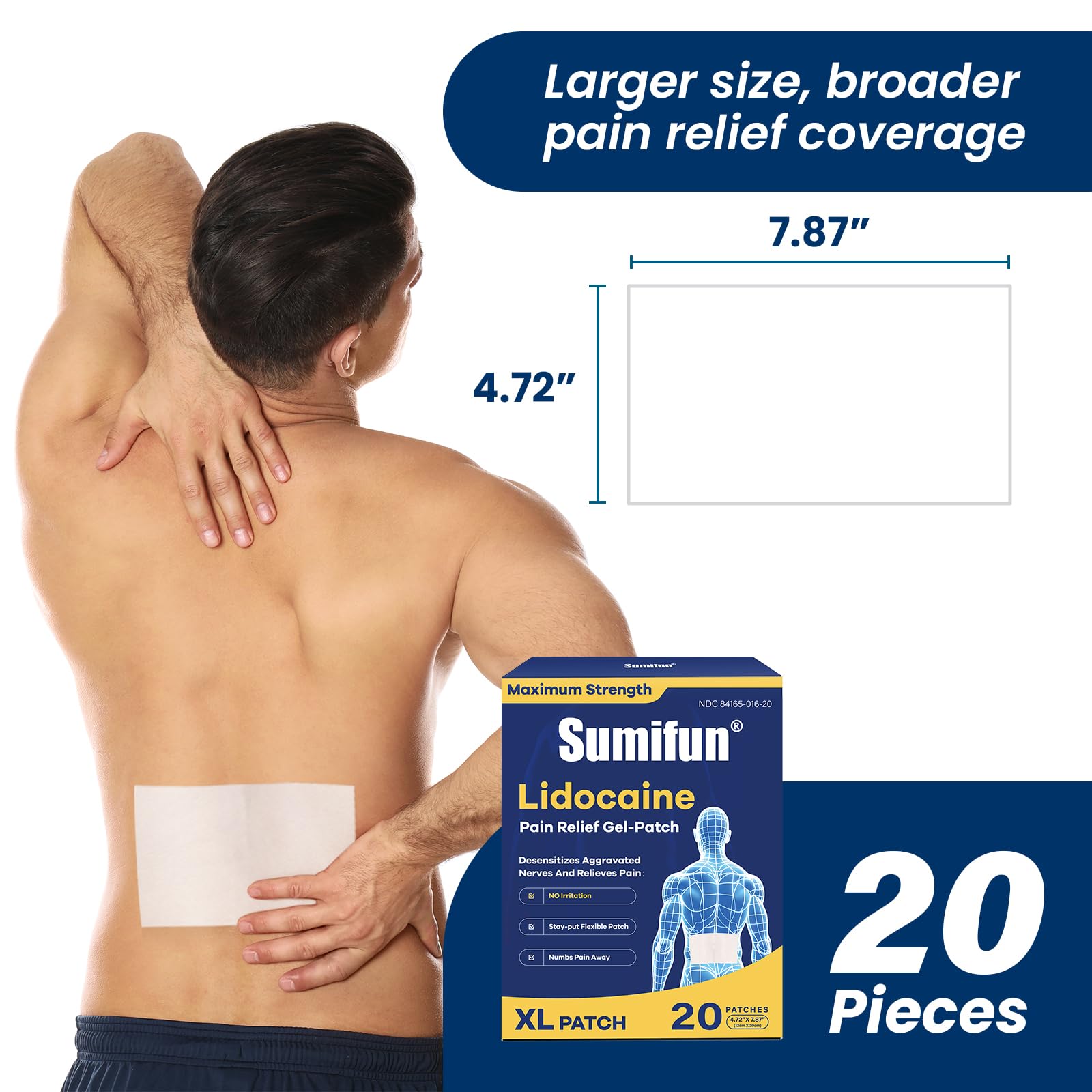 Sumifun XL Lidocaine Patches for Pain Relief, 4% Lidocaine Maximum Strength OTC, Extra Large 4.72"x7.87" for Full Back Pain Patches & Large Areas (Extra Large, Count, 20) SumifunAu supplements