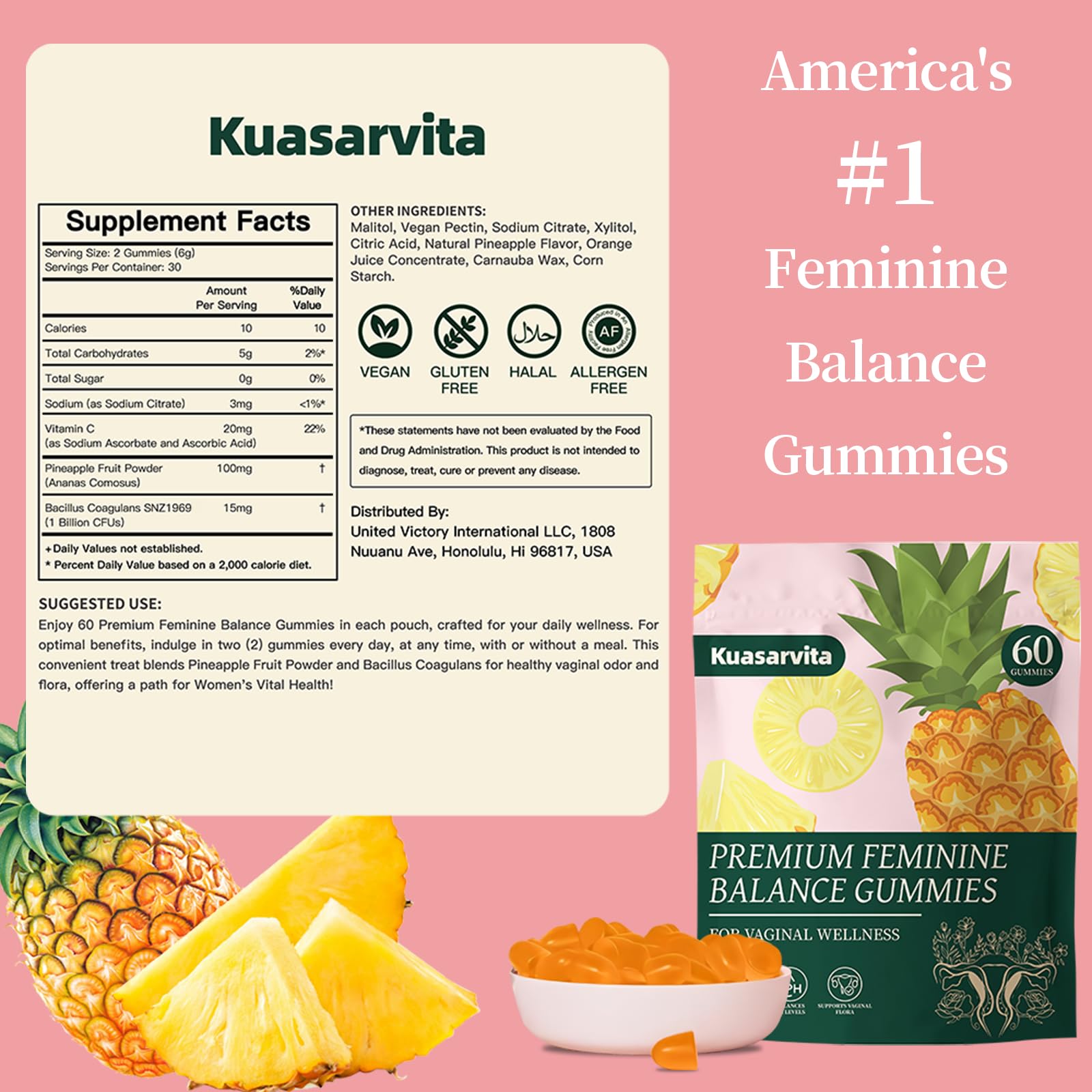 Premium Feminine Balance Gummies,Vital Vaginal Probiotics Source Feminine Gummies,Probiotic Gummies for Prenatal & Postnatal Women - Probiotics for Digestion, pH Balance, Gut Health, Immune Support KuasarvitaAu supplements