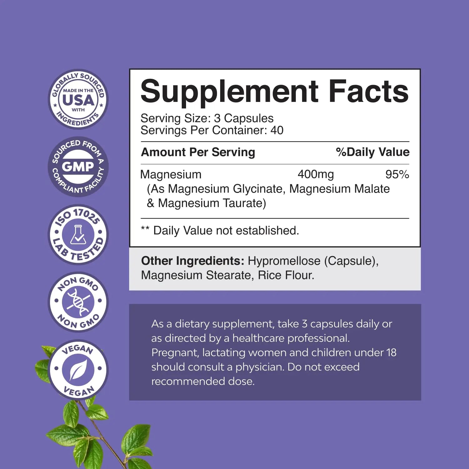 Triple Magnesium Complex Supplement - High Absorption Magnesium Glycinate, Malate & Taurate Blend for Muscles, Energy Support & Heart Health - Triple Mg Complex 400 mg Capsules - 120 Count Natures Craftnz supplements