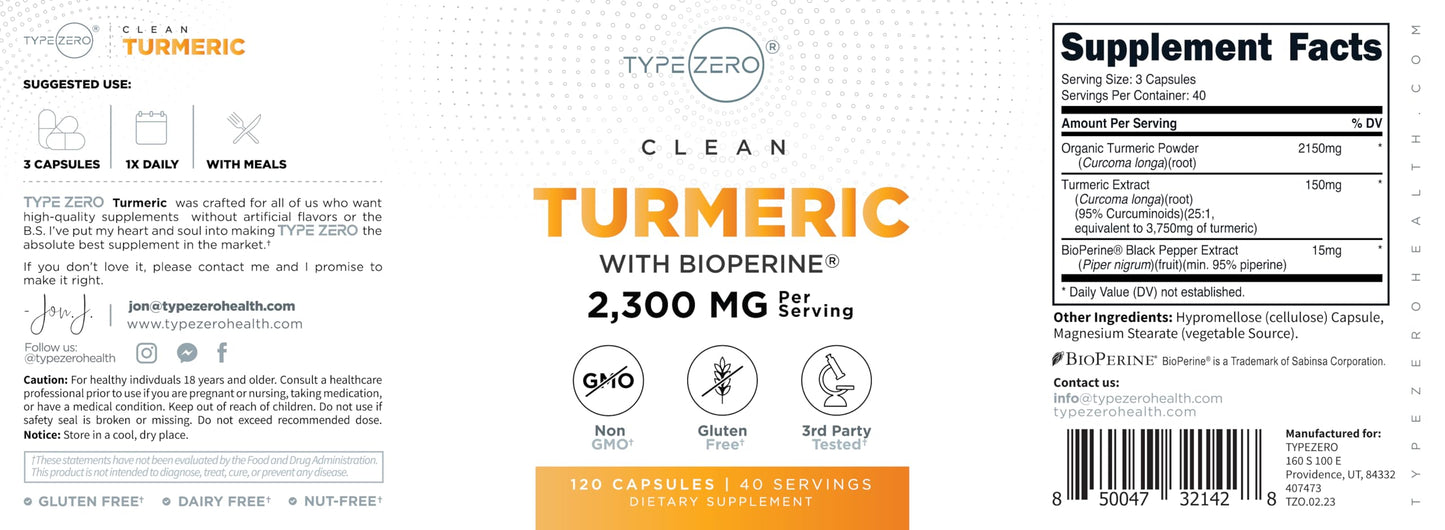 Type Zero Turmeric with Bioperine (120 Capsules) (2300mg per Serving) - GMO Free, Gluten Free, 3rd Party Tested Type ZeroUS supplements