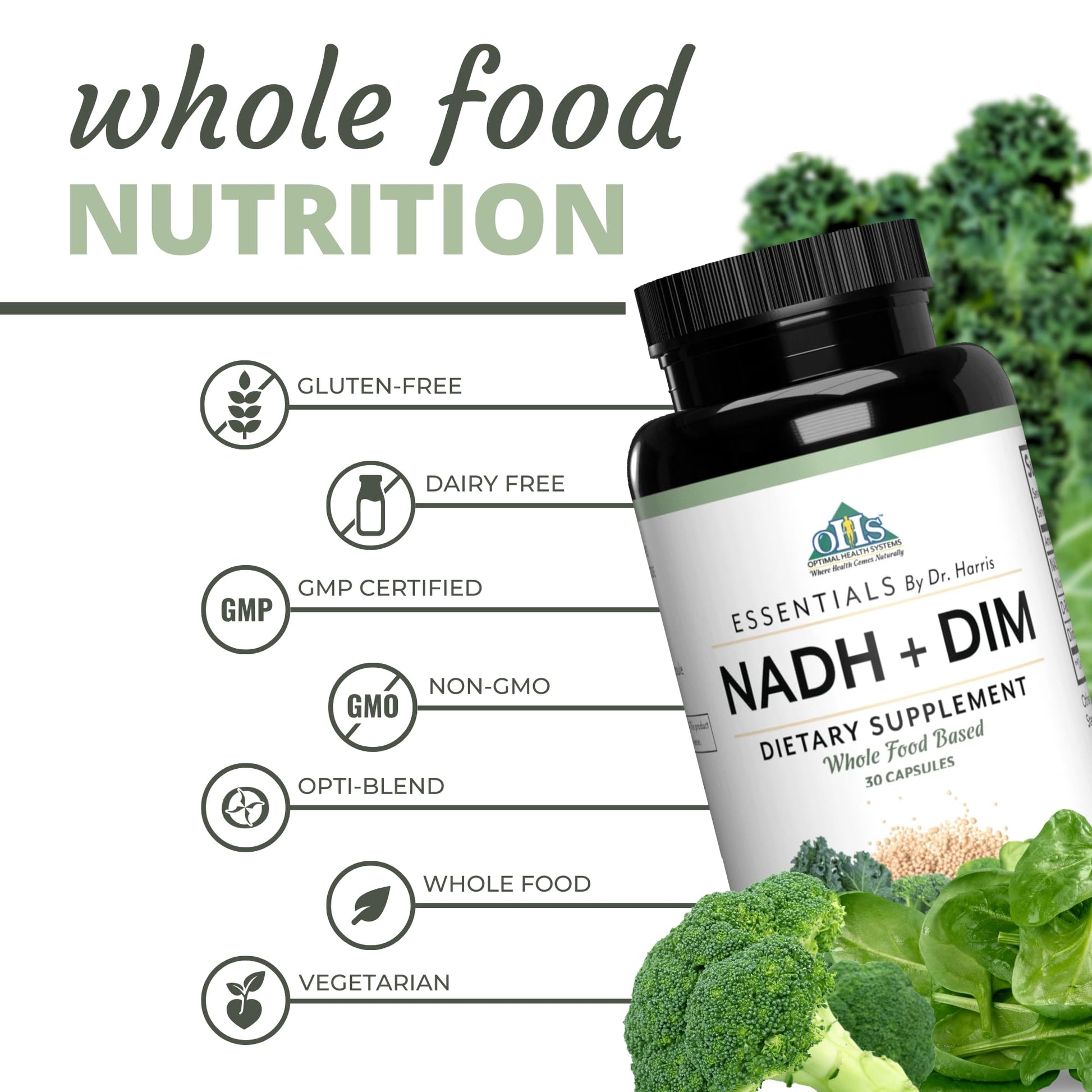 Optimal Health Systems NADH + DIM | Dr. Harris Essentials | Energy + Neurotransmitter Support | Plant-Based | Mental Clarity, Concentration, & Memory Supplement | 30 Capsules Optimal Health SystemsAu supplements