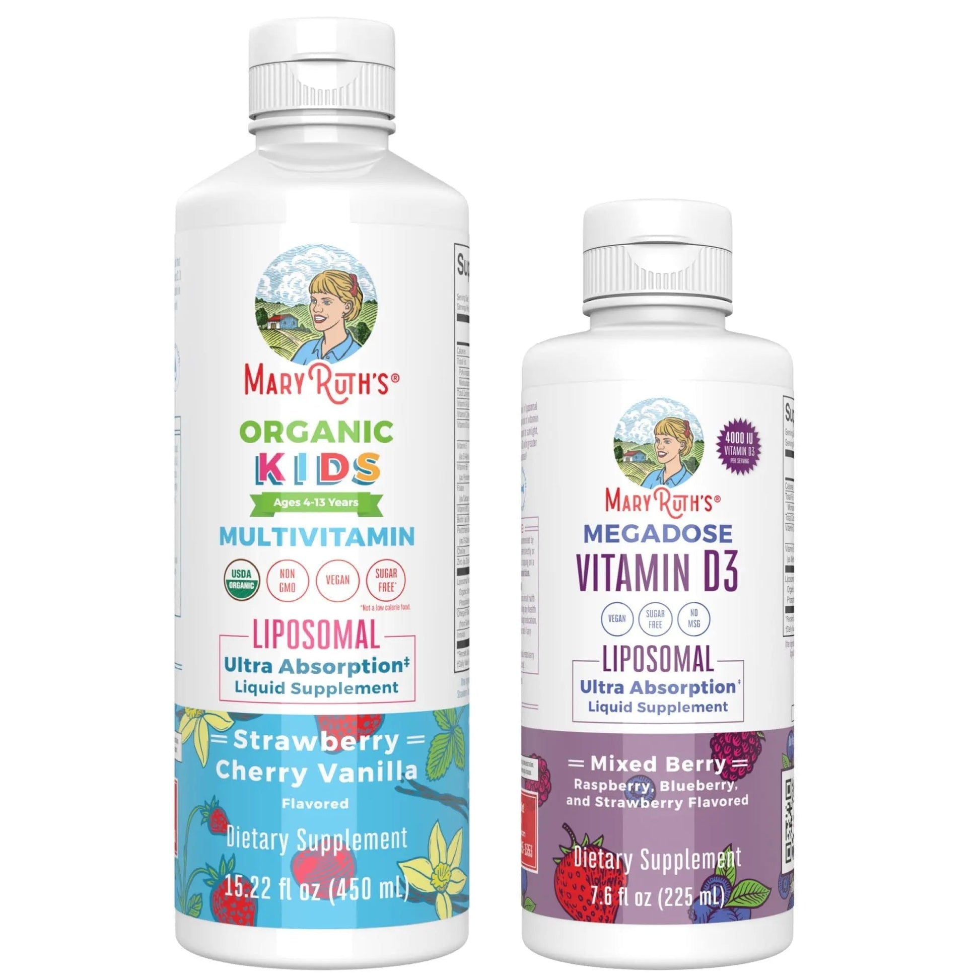 MaryRuth Organics Kids Multivitamin Liposomal (Strawberry Cherry & Vanilla) & Vitamin D3 Liposomal (Mixed Berry) Clean Label Project Verified MARYRUTH'SAu supplements
