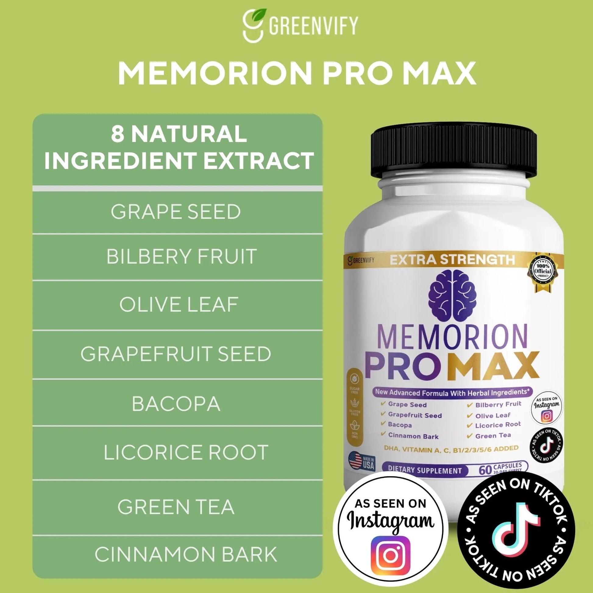 GREENVIFY Memorion Pro Max Extra Strength Brain Support Supplement, 60 Capsules, with DHA, Vitamins, Herbal Blend, 30-Day Supply (1) GREENVIFYnz supplements