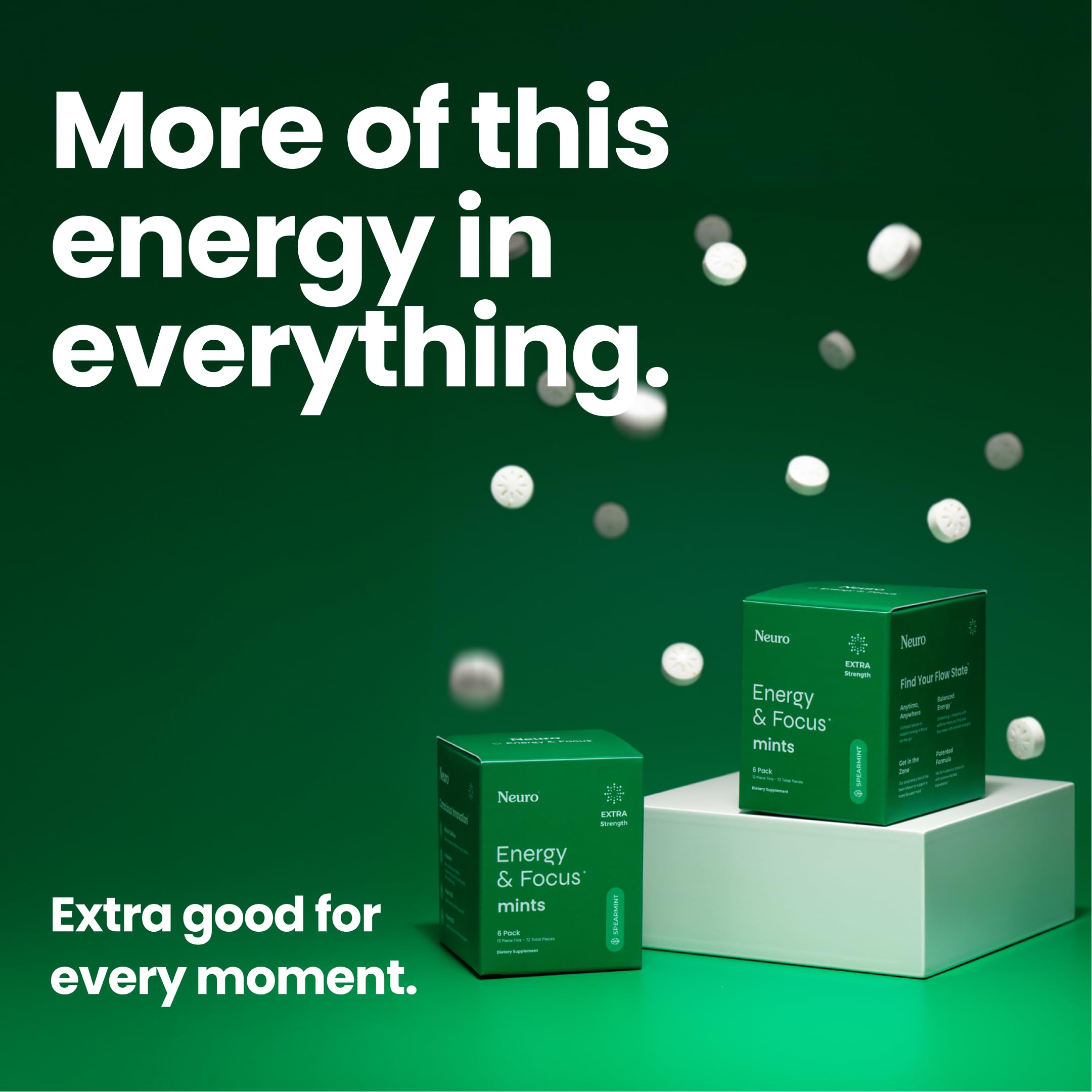 Neuro Energy & Focus Mints, Extra Strength - Sugar Free Breath Mints with 100mg Natural Caffeine, B Vitamins & L-Theanine - Vegan Brain Supplement for Exercise, Study & Daily Focus - Spearmint, 72 ct NeuroAu supplements