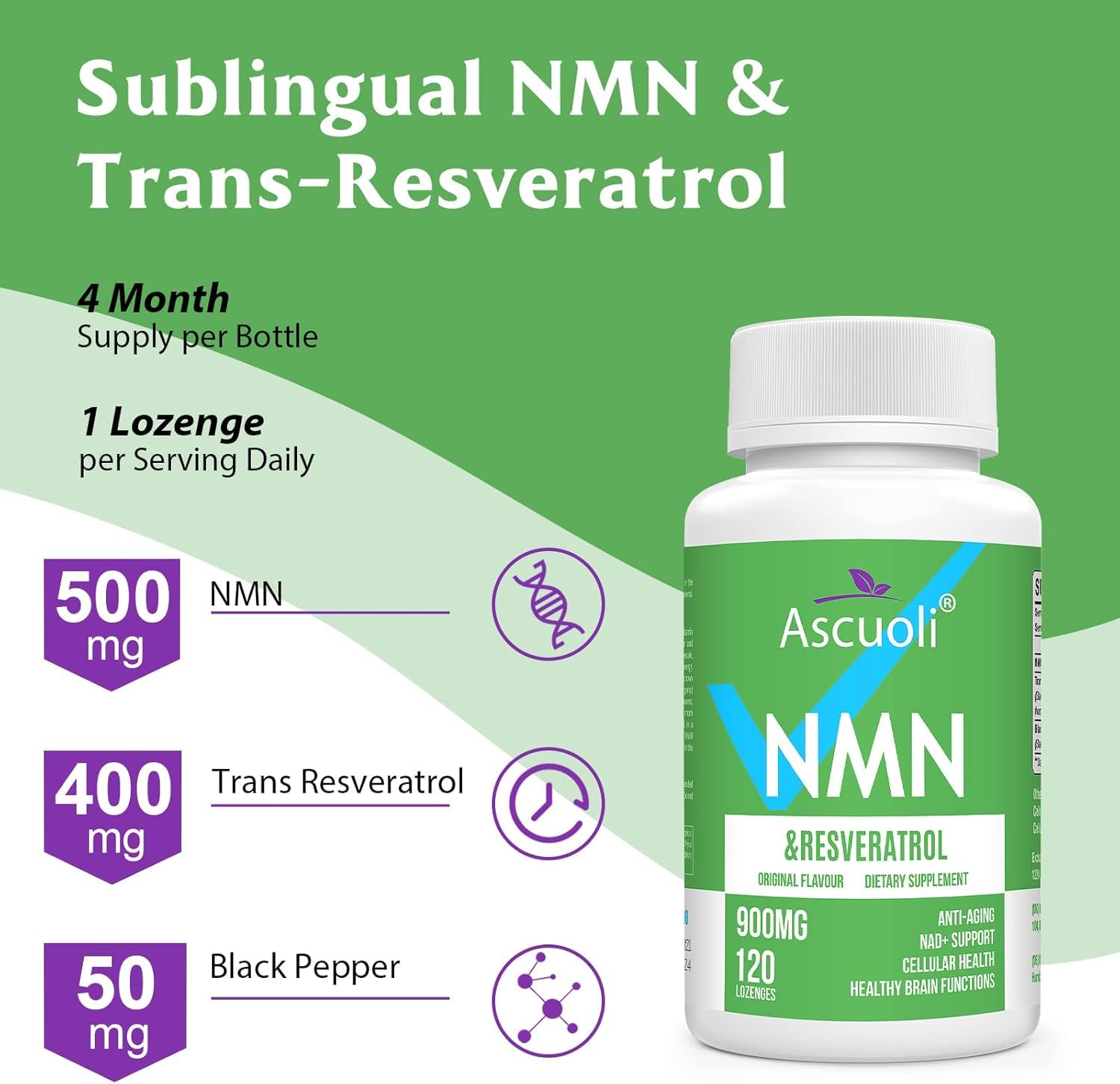 Sublingual NMN 500mg + Trans-Resveratrol 400mg, 3-in-1 Advanced Formula 99% Pure NMN Resveratrol Supplement for Boost* NAD, Cell, Immune, Energy & Muscle, Anti-Aging, 120 Lozenges, 120-Day Supply AscuoliAu supplements