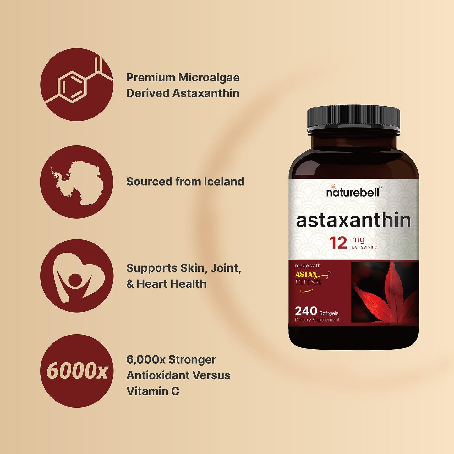 NatureBell Astaxanthin 12mg, 240 Softgels, Made with Astax, Max Strength NatureBellUS supplements