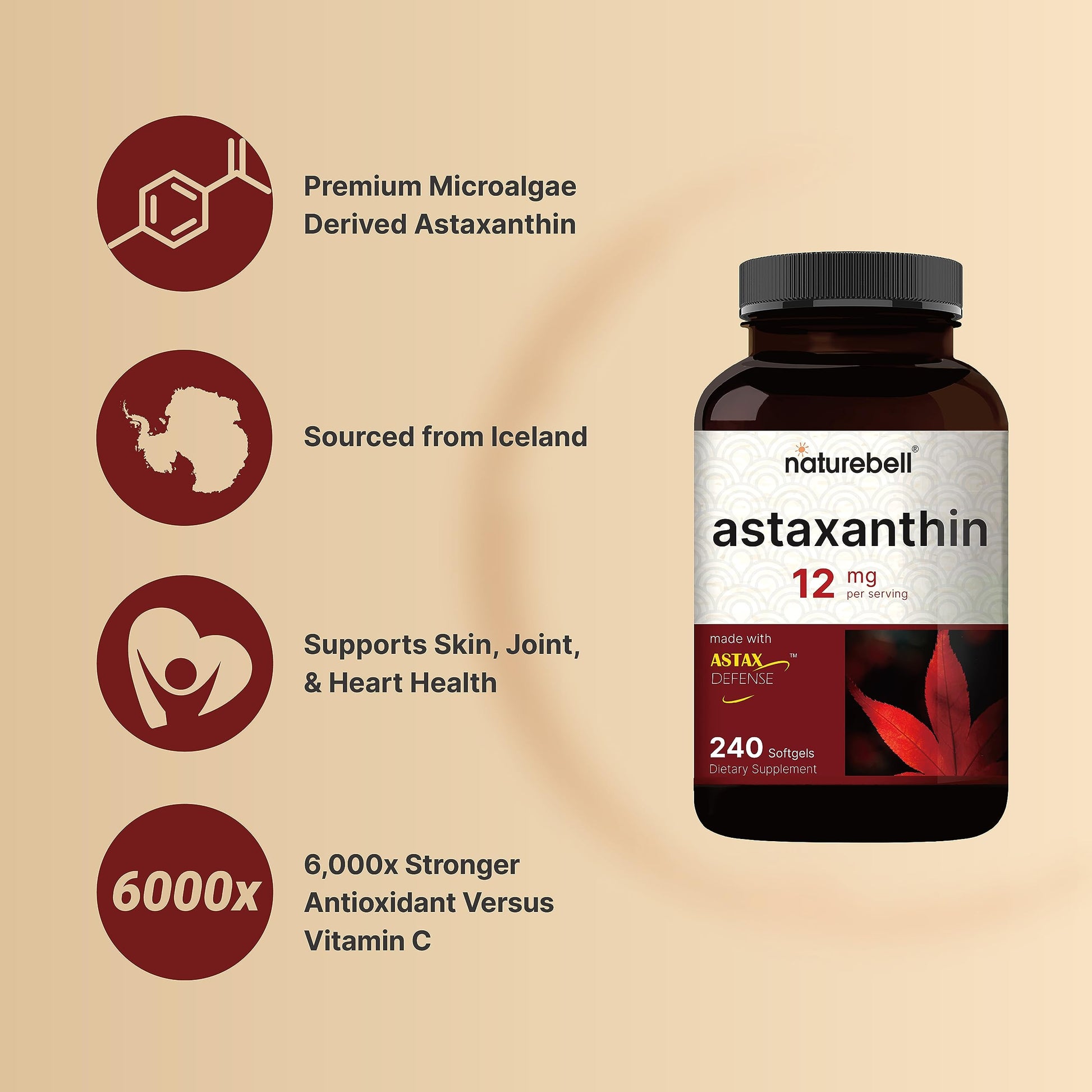 NatureBell Astaxanthin 12mg, 240 Softgels, Made with Astax, Max Strength NatureBellUS supplements