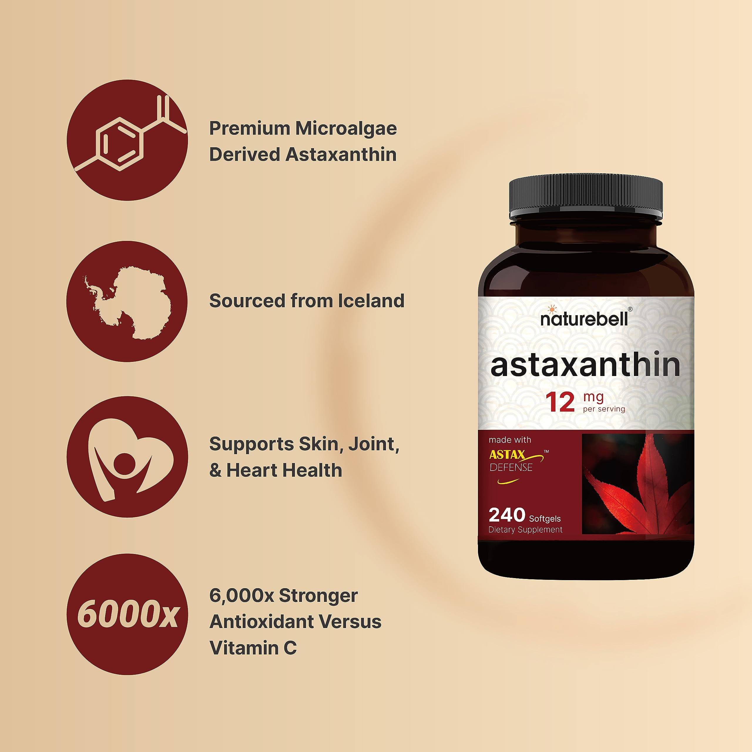 NatureBell Astaxanthin 12mg, 240 Softgels, Made with Astax, Max Strength NatureBellUS supplements