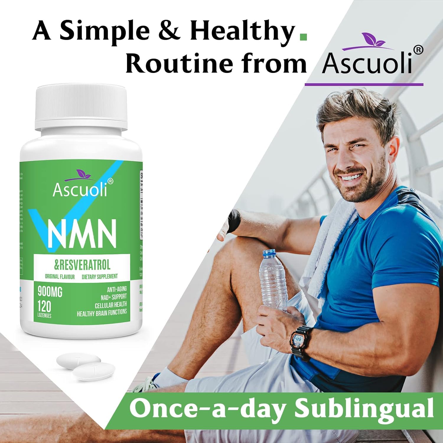 Sublingual NMN 500mg + Trans-Resveratrol 400mg, 3-in-1 Advanced Formula 99% Pure NMN Resveratrol Supplement for Boost* NAD, Cell, Immune, Energy & Muscle, Anti-Aging, 120 Lozenges, 120-Day Supply AscuoliAu supplements