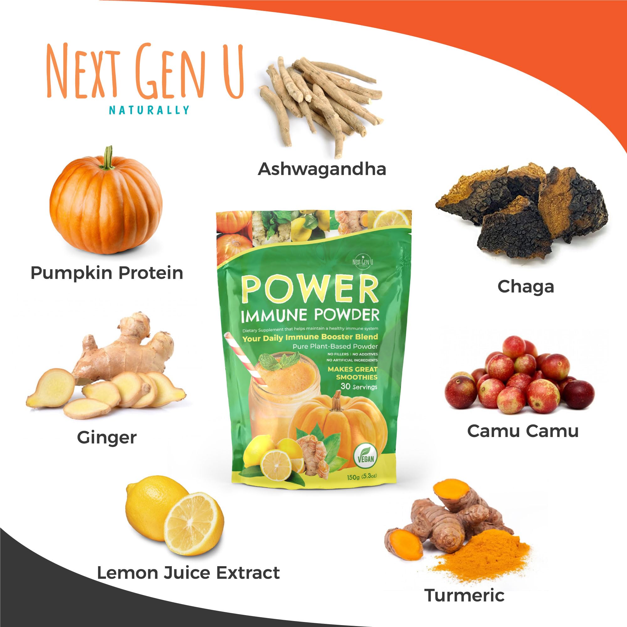 Immune Support - Supplement Powder 150g - Superfood Booster for Adults - Natural Immunity Defense - Daily Drink Mix for Women & Men - Plant Based, Vegan & Gluten Free Smoothie Boost by NextGenU NGU Next Gen UAu supplements