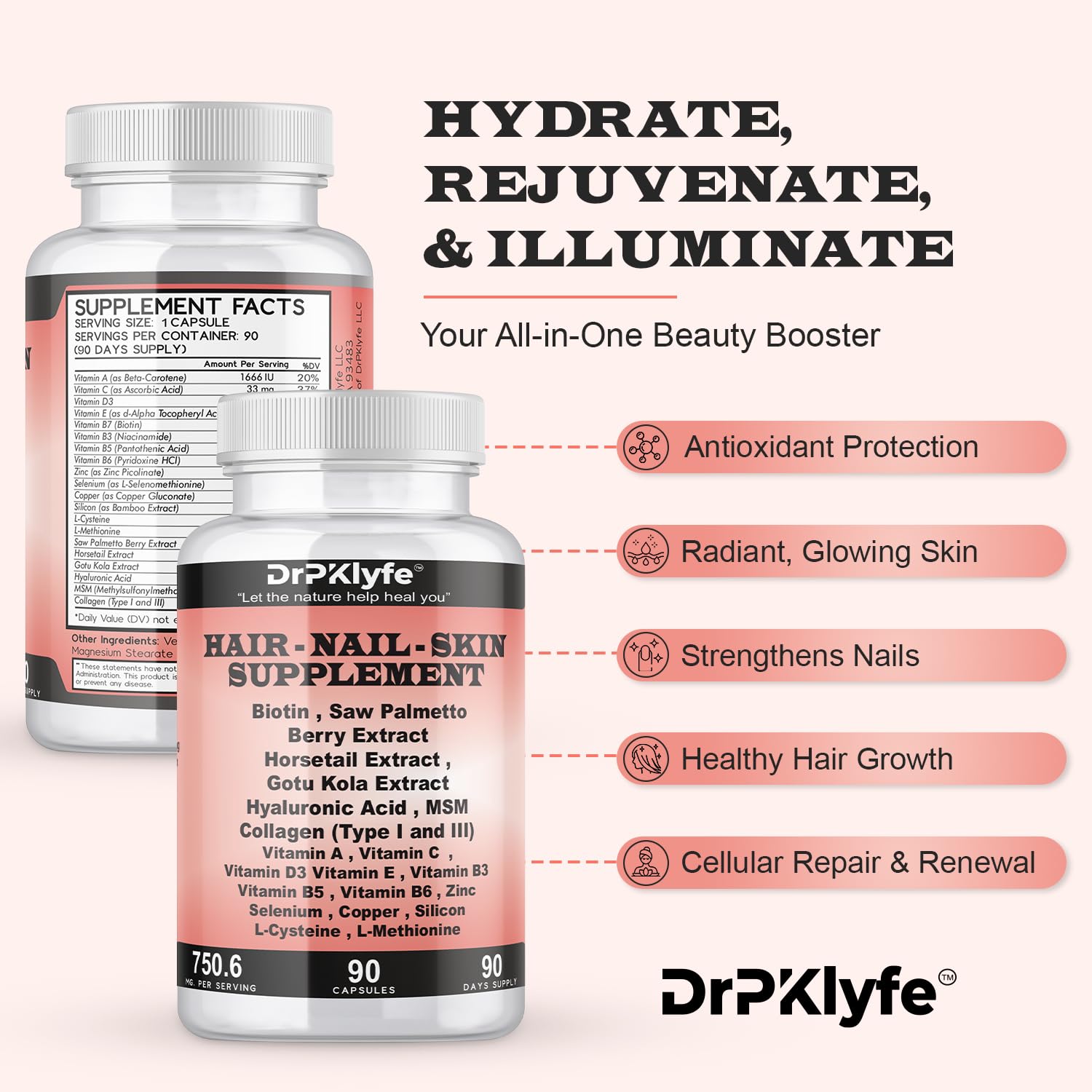 DrPKLyfe Hair, Nail and Skin Supplement Capsules:Biotin, Collagen, Collagen Peptides, Acid Hyaluronic, Biotin, Vitamin A, C, B5, B6 Saw Palmetto & More - 90 Capsules. DrPKLyfeAu supplements