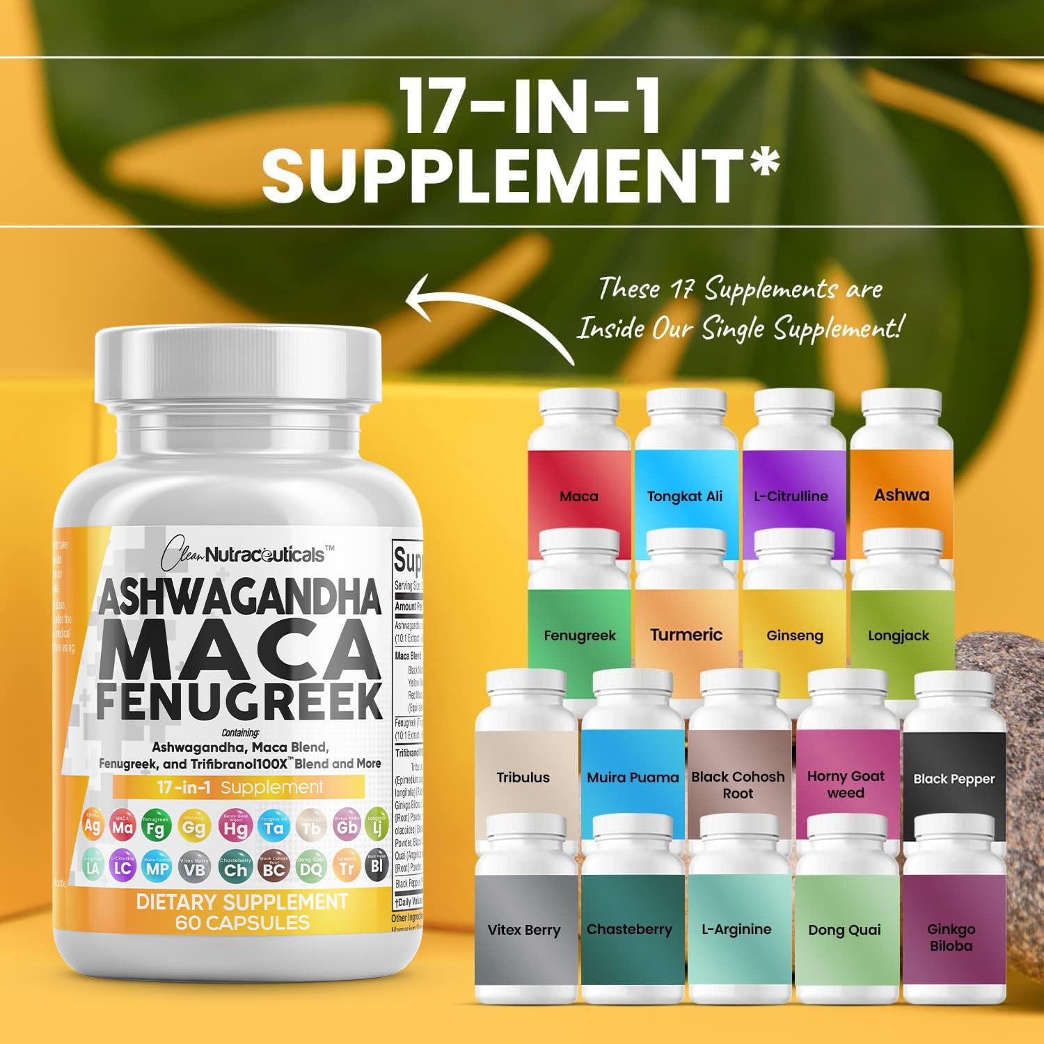 Clean Nutraceuticals Ashwagandha Maca Root Fenugreek Supplement with Tongkat Ali Ginseng - Assists with Stress, Mood & Thyroid - Ashwagandha Capsules Fenugreek Caps - 1 Pack Clean NutraceuticalsAu supplements