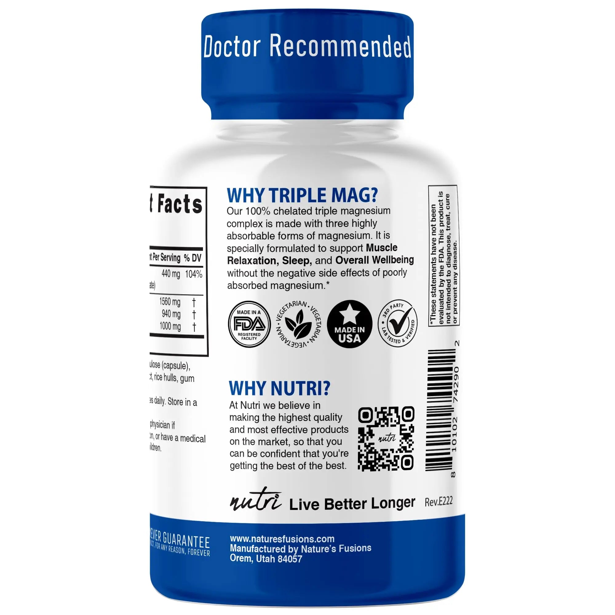Nutri Triple Magnesium Complex 440mg - Magnesium Glycinate, Malate, & Taurinate - 100% Chelated for Maximum Absorption - 120 Vegan Capsules - Triple Complex Magnesium - Magnesio Triple Complex Nature's Fusionsnz supplements