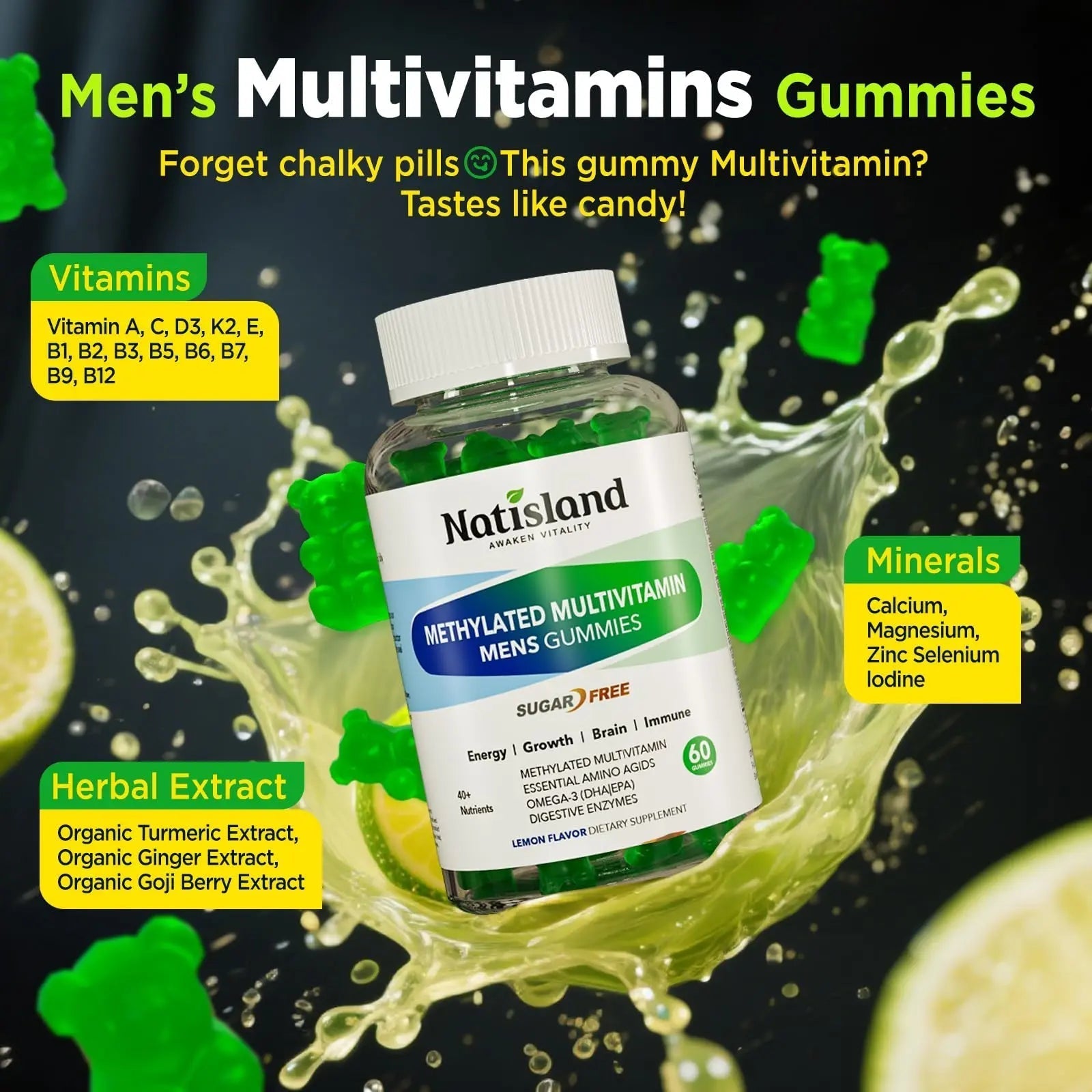 Methylated Multivitamin for Men Gummies, Men`s Multivitamins Gummies with Vitamin B Complex, A, C ,D3, E, K2, Calcium, Magnesium, Omega-3 NATISLANDAu supplements