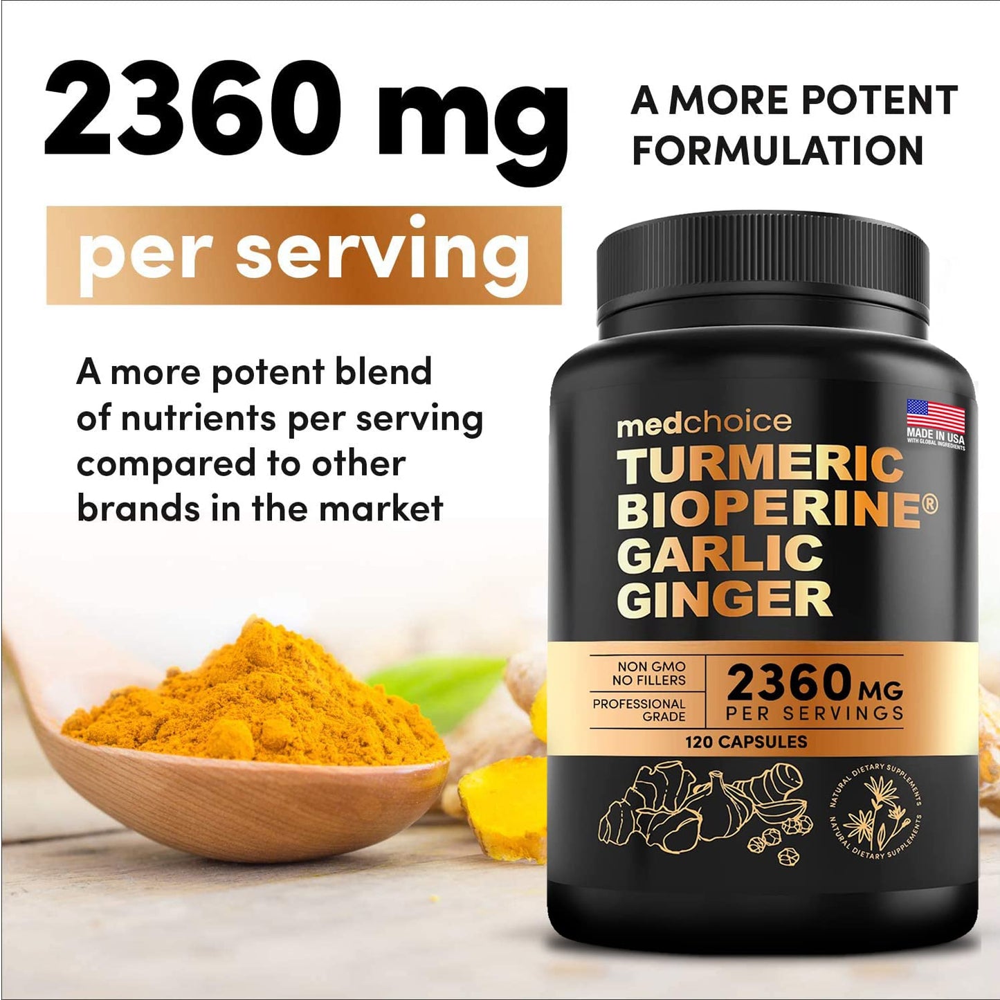 4-in-1 Turmeric and Garlic Supplements with Bioperine 2360 mg (360 ct) Turmeric Ginger MEDCHOICEUS supplements