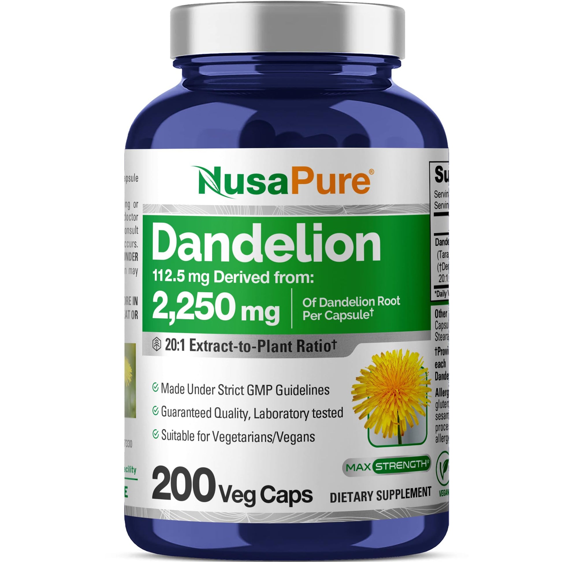 NusaPure Dandelion Root 20:1 Extract, 112.5 mg Equivalent to 2,250 mg 200 Veggie Capsules (Non-GMO, Vegan) NusaPureAu supplements