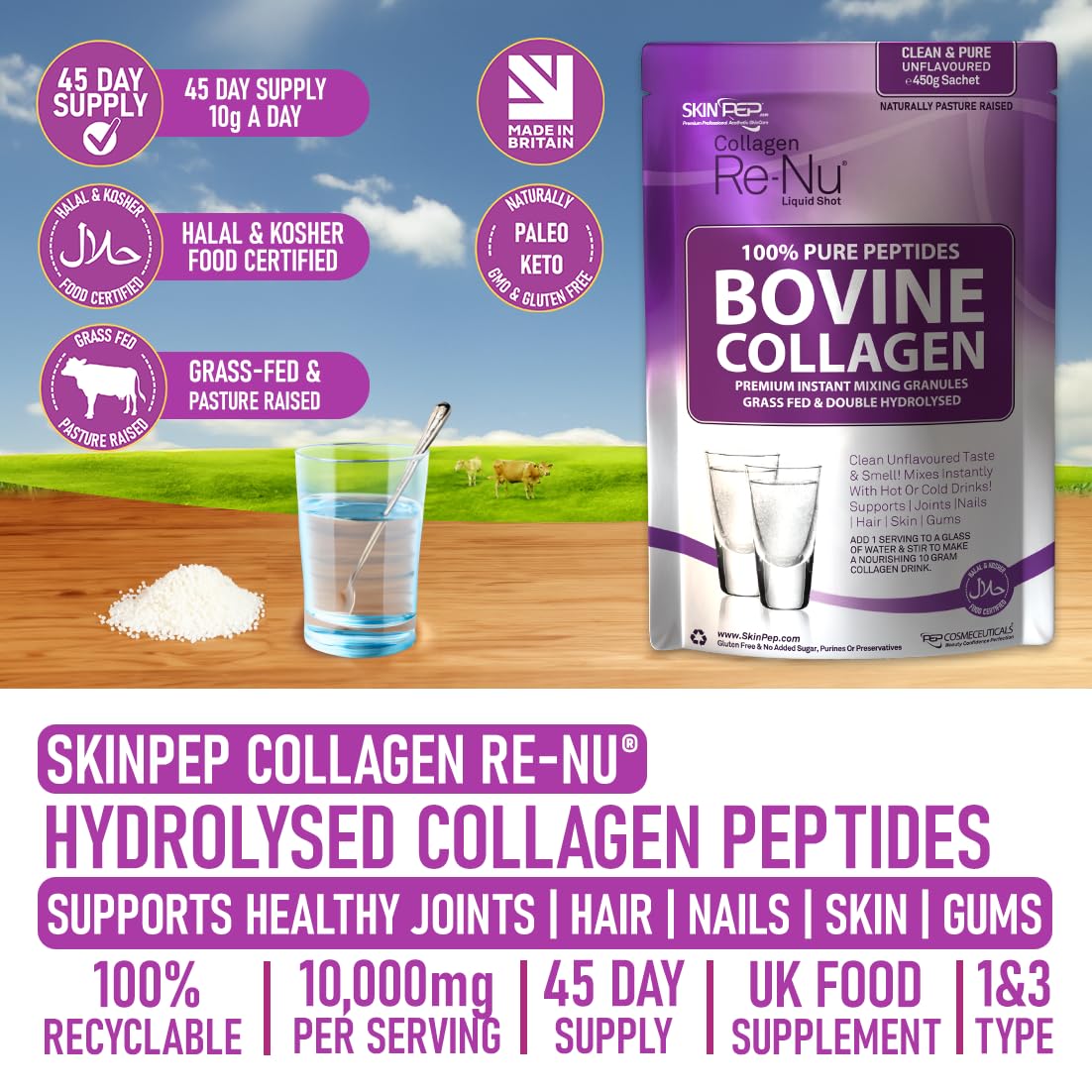 Collagen Powder, Ultra Premium Hydrolysed Bovine Collagen Peptides by SkinPep Skin PepAu supplements